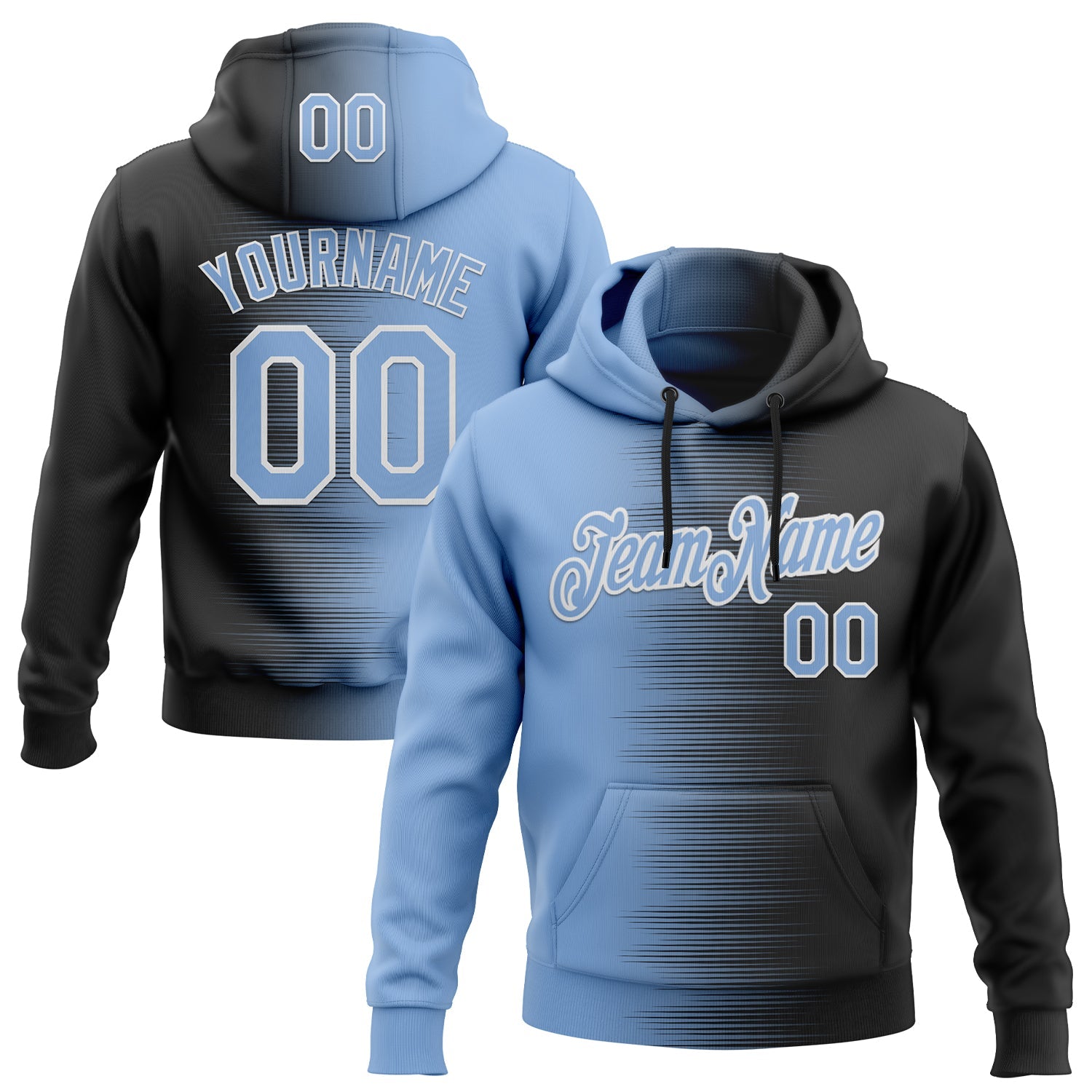 Custom Stitched Black Light Blue-White 3D Pattern Design Gradient Line Sports Pullover Sweatshirt Hoodie