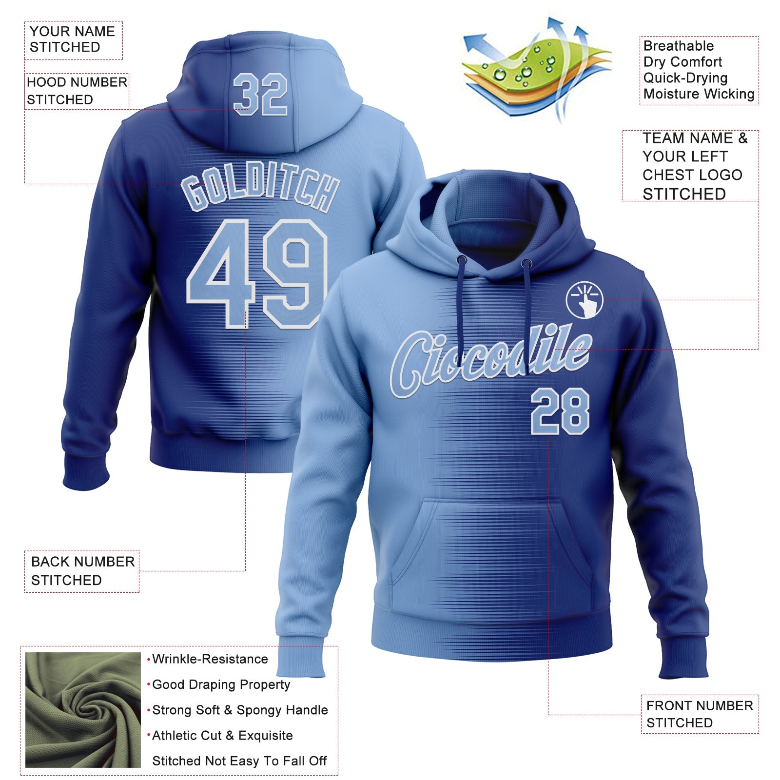 Custom Stitched Royal Light Blue-White 3D Pattern Design Gradient Line Sports Pullover Sweatshirt Hoodie