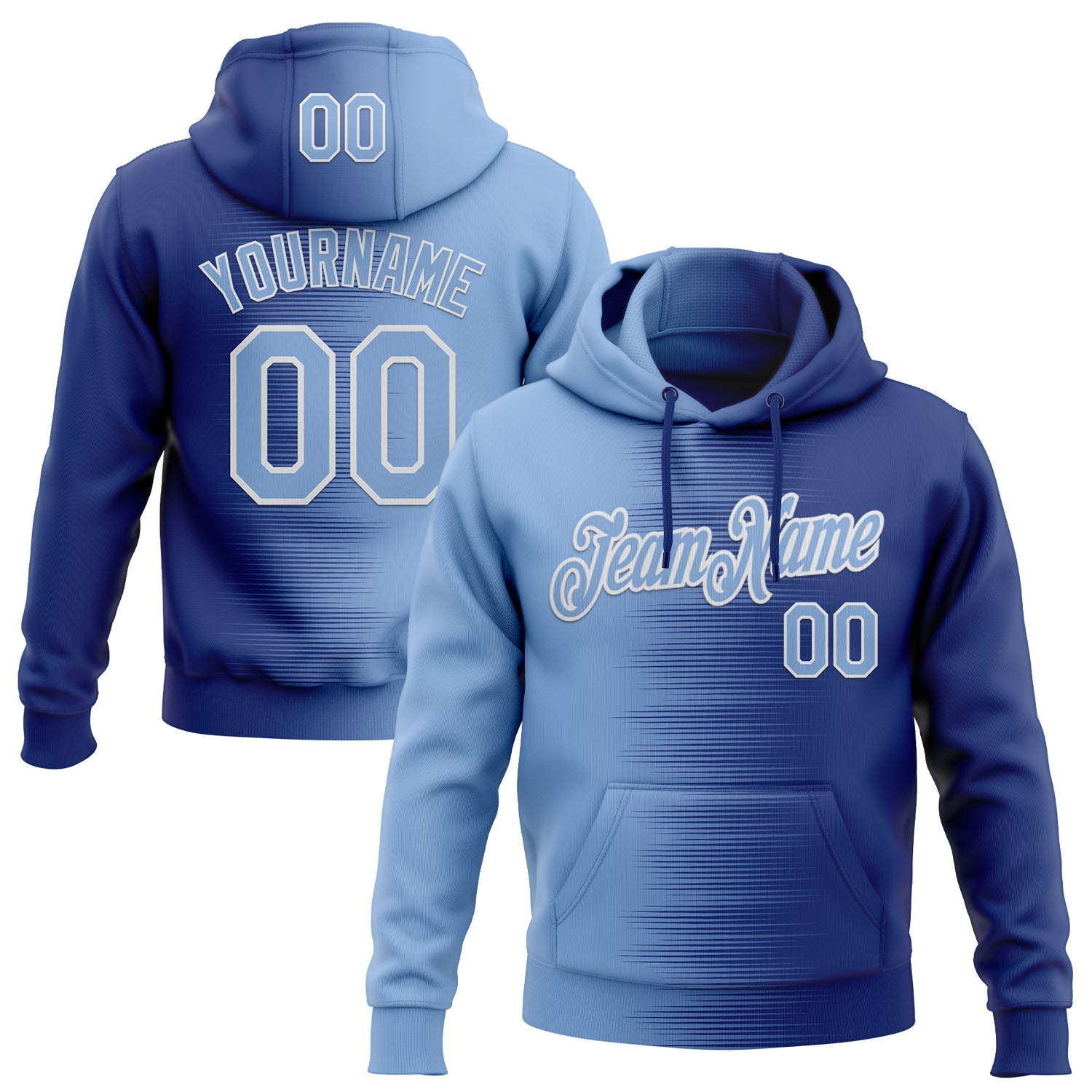 Custom Stitched Royal Light Blue-White 3D Pattern Design Gradient Line Sports Pullover Sweatshirt Hoodie