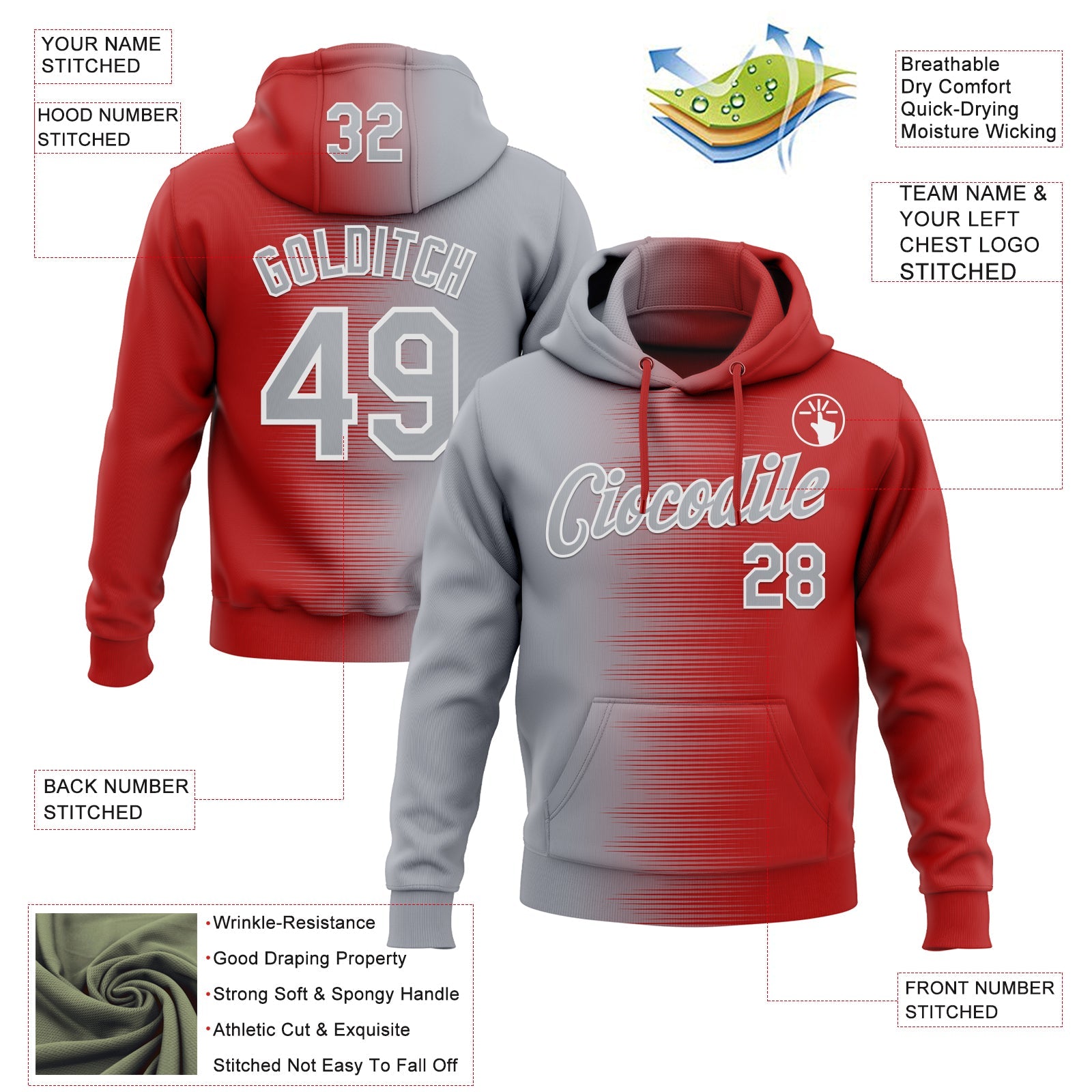 Custom Stitched Red Gray-White 3D Pattern Design Gradient Line Sports Pullover Sweatshirt Hoodie