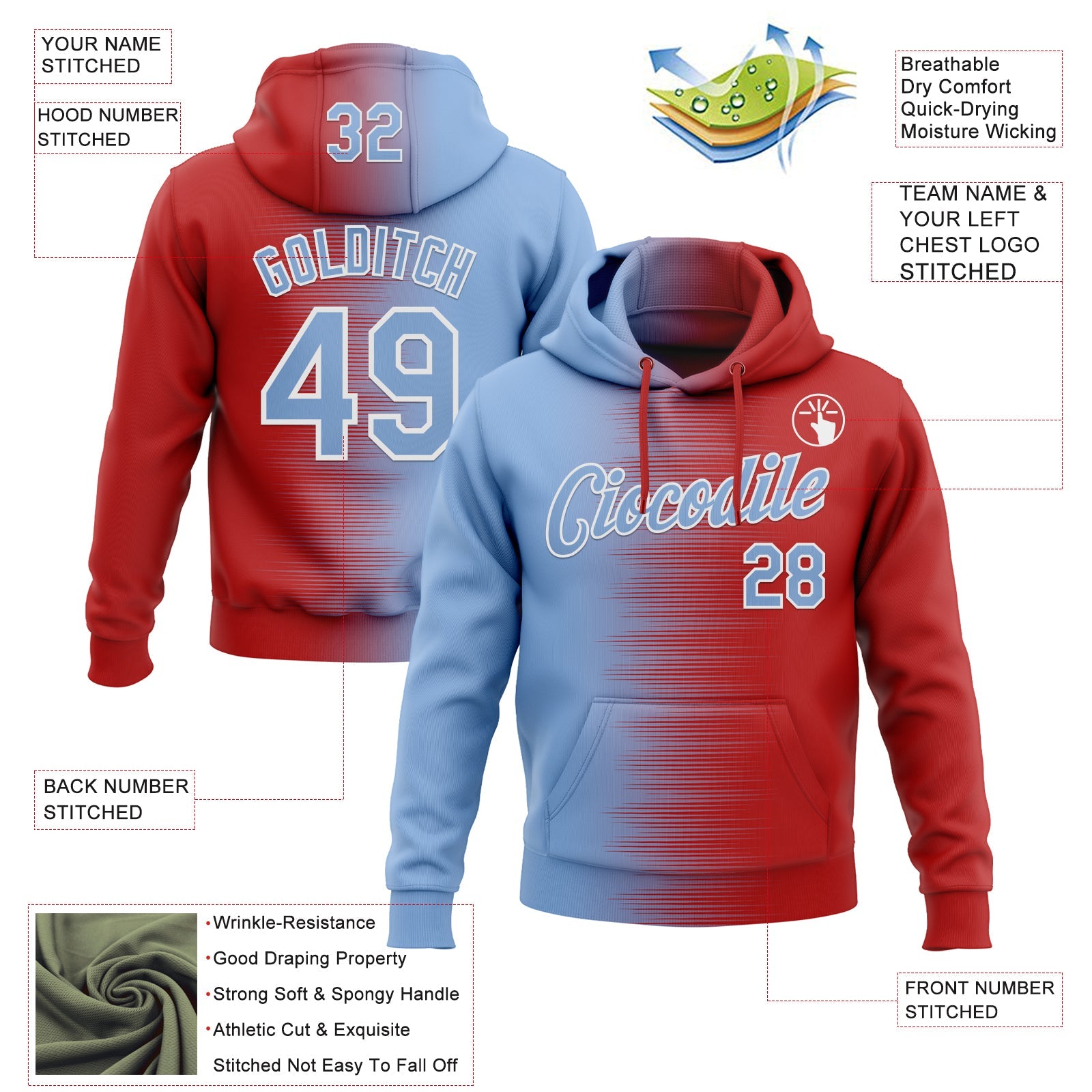 Custom Stitched Red Light Blue-White 3D Pattern Design Gradient Line Sports Pullover Sweatshirt Hoodie