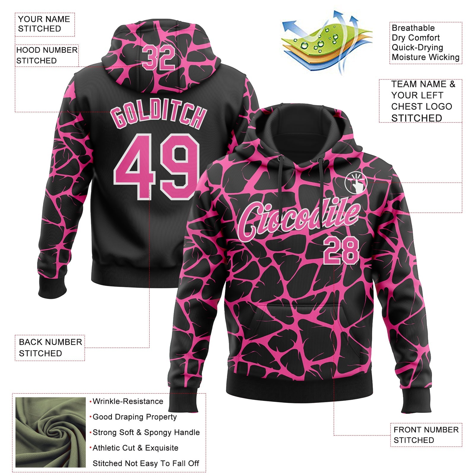 Custom Stitched Black Pink-White 3D Pattern Design Abstract Network Sports Pullover Sweatshirt Hoodie