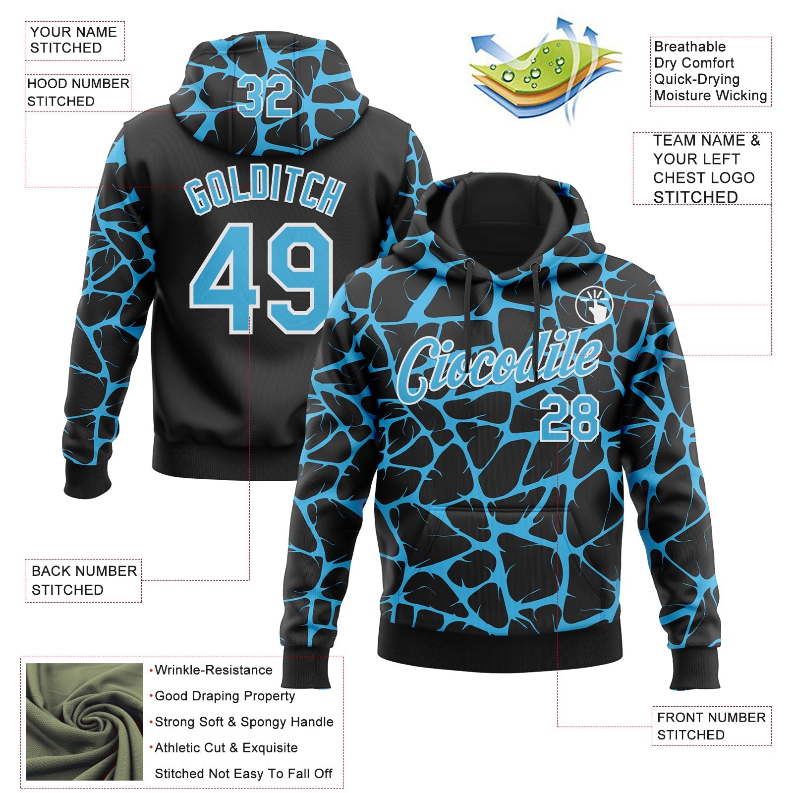 Custom Stitched Black Sky Blue-White 3D Pattern Design Abstract Network Sports Pullover Sweatshirt Hoodie