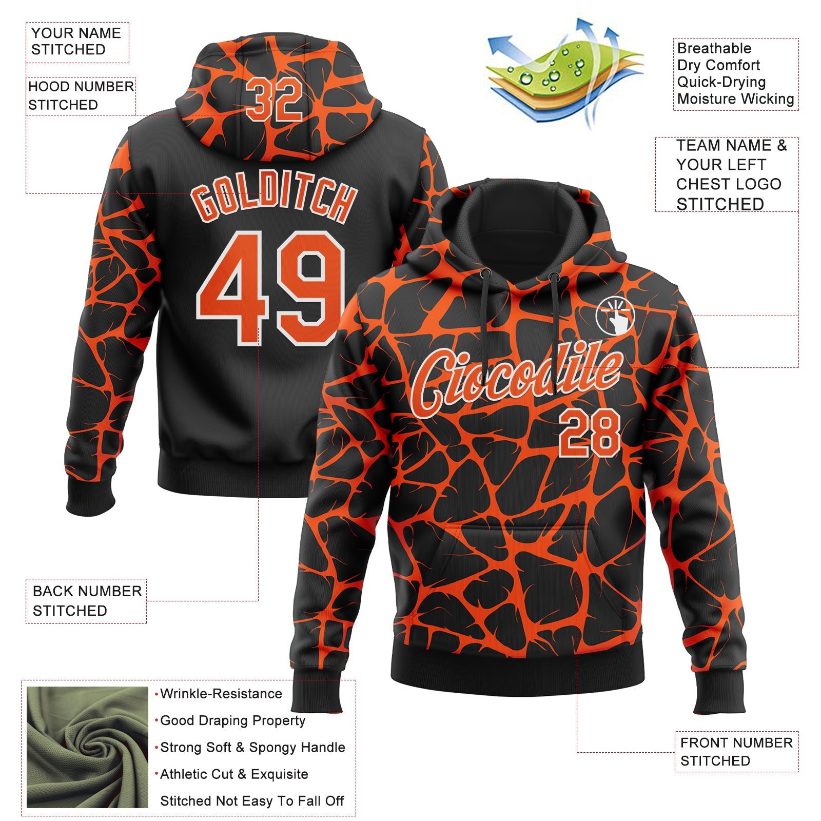 Custom Stitched Black Orange-White 3D Pattern Design Abstract Network Sports Pullover Sweatshirt Hoodie