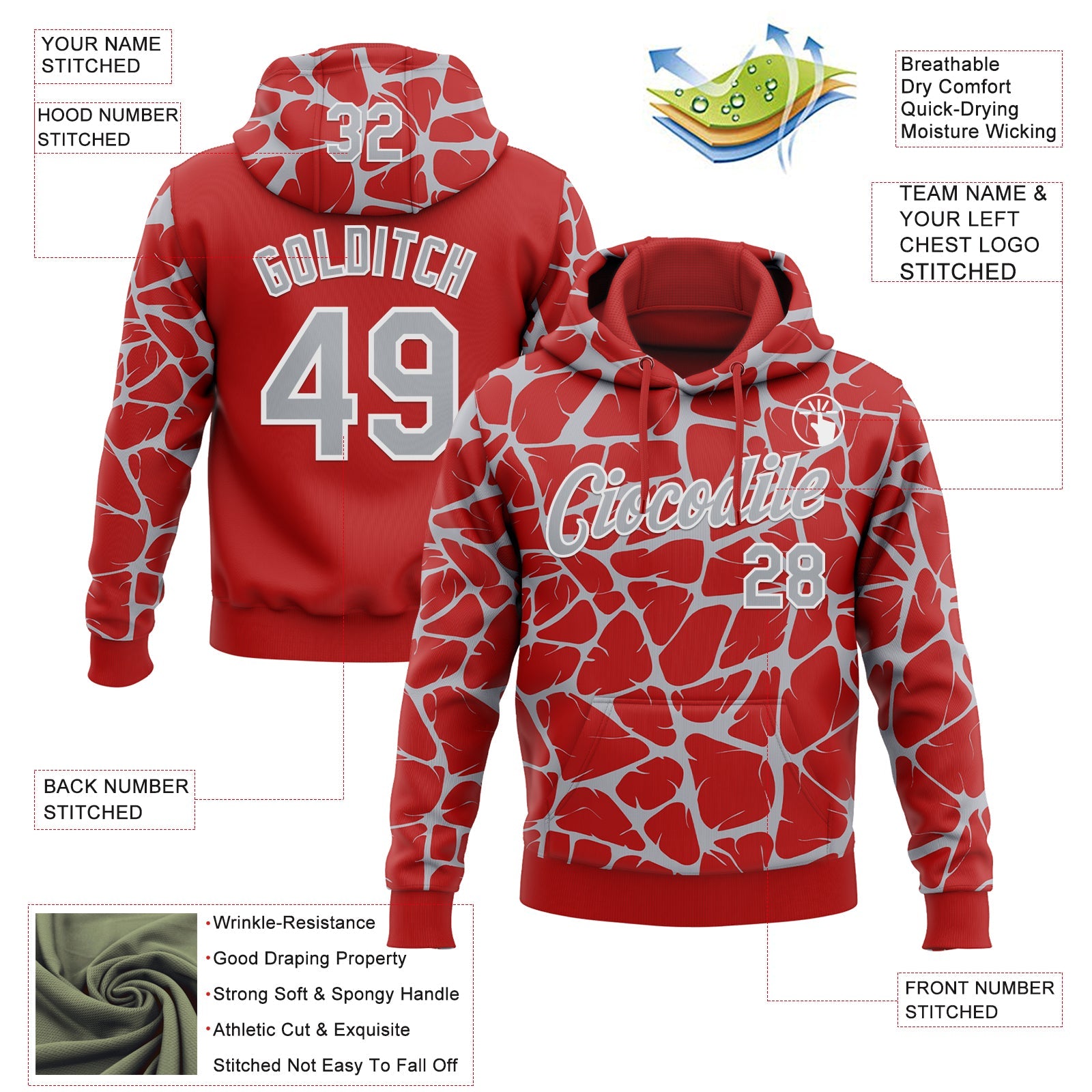 Custom Stitched Red Gray-White 3D Pattern Design Abstract Network Sports Pullover Sweatshirt Hoodie