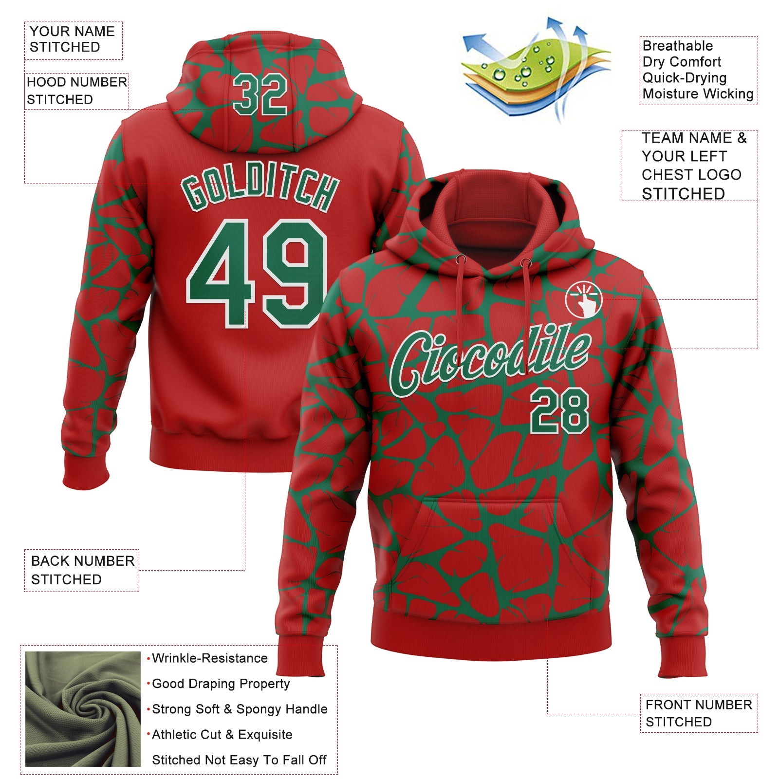 Custom Stitched Red Kelly Green-White 3D Pattern Design Abstract Network Sports Pullover Sweatshirt Hoodie
