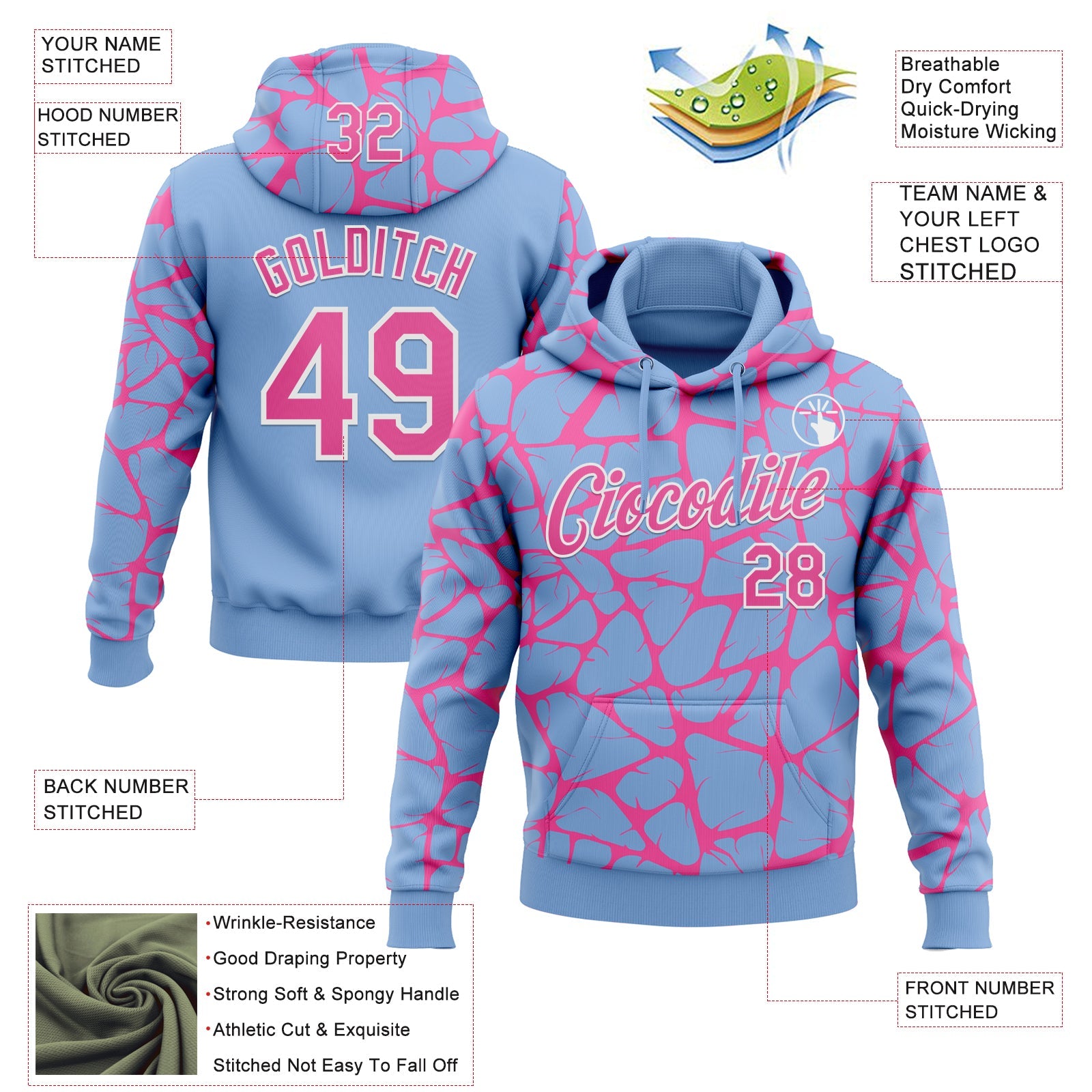 Custom Stitched Light Blue Pink-White 3D Pattern Design Abstract Network Sports Pullover Sweatshirt Hoodie