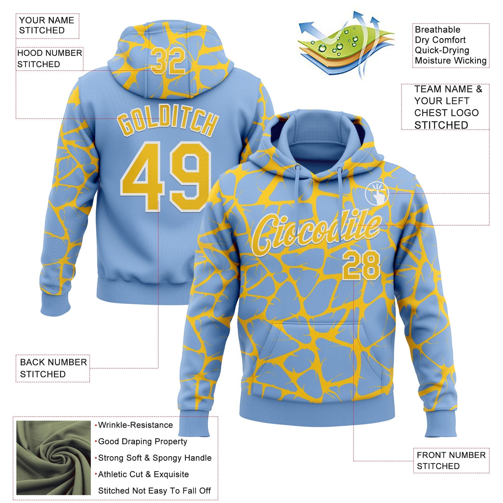 Custom Stitched Light Blue Yellow-White 3D Pattern Design Abstract Network Sports Pullover Sweatshirt Hoodie