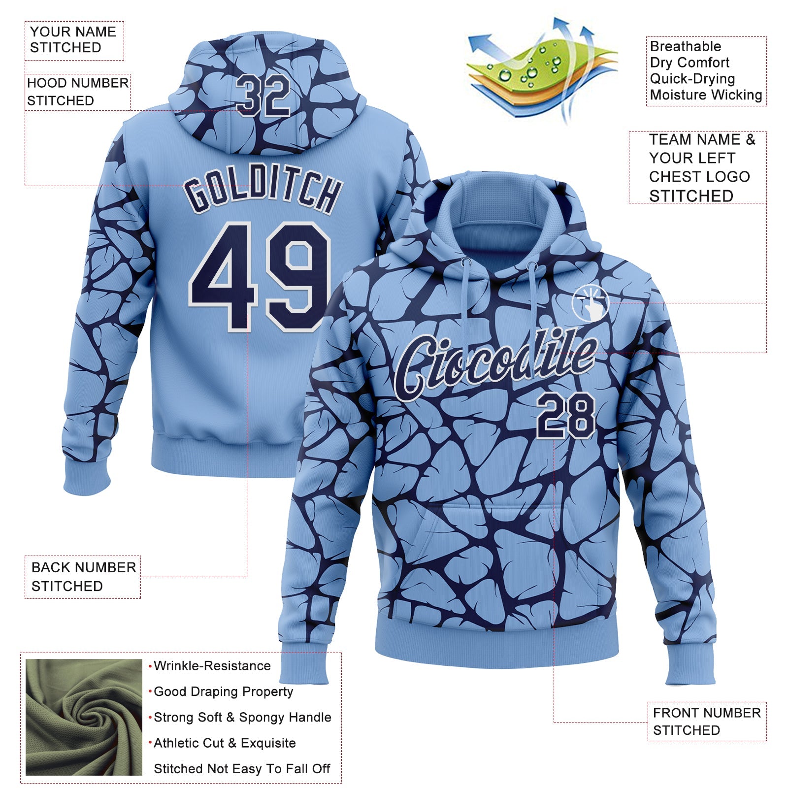 Custom Stitched Light Blue Navy-White 3D Pattern Design Abstract Network Sports Pullover Sweatshirt Hoodie