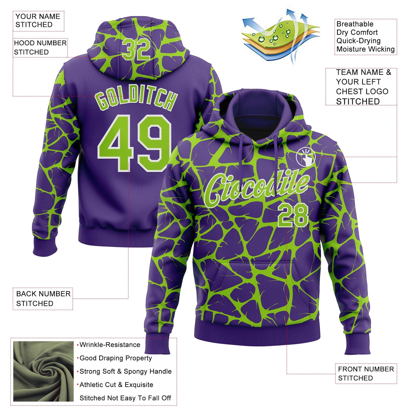 Custom Stitched Purple Neon Green-White 3D Pattern Design Abstract Network Sports Pullover Sweatshirt Hoodie