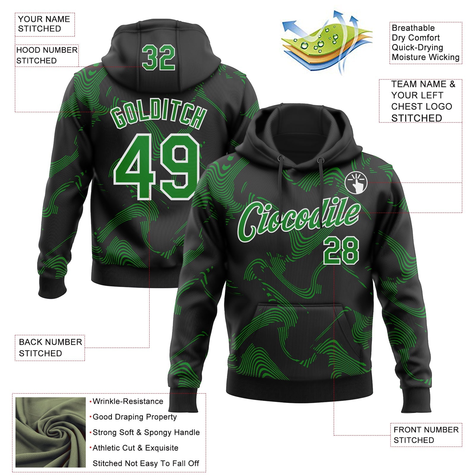 Custom Stitched Black Grass Green-White 3D Pattern Design Curve Lines Sports Pullover Sweatshirt Hoodie