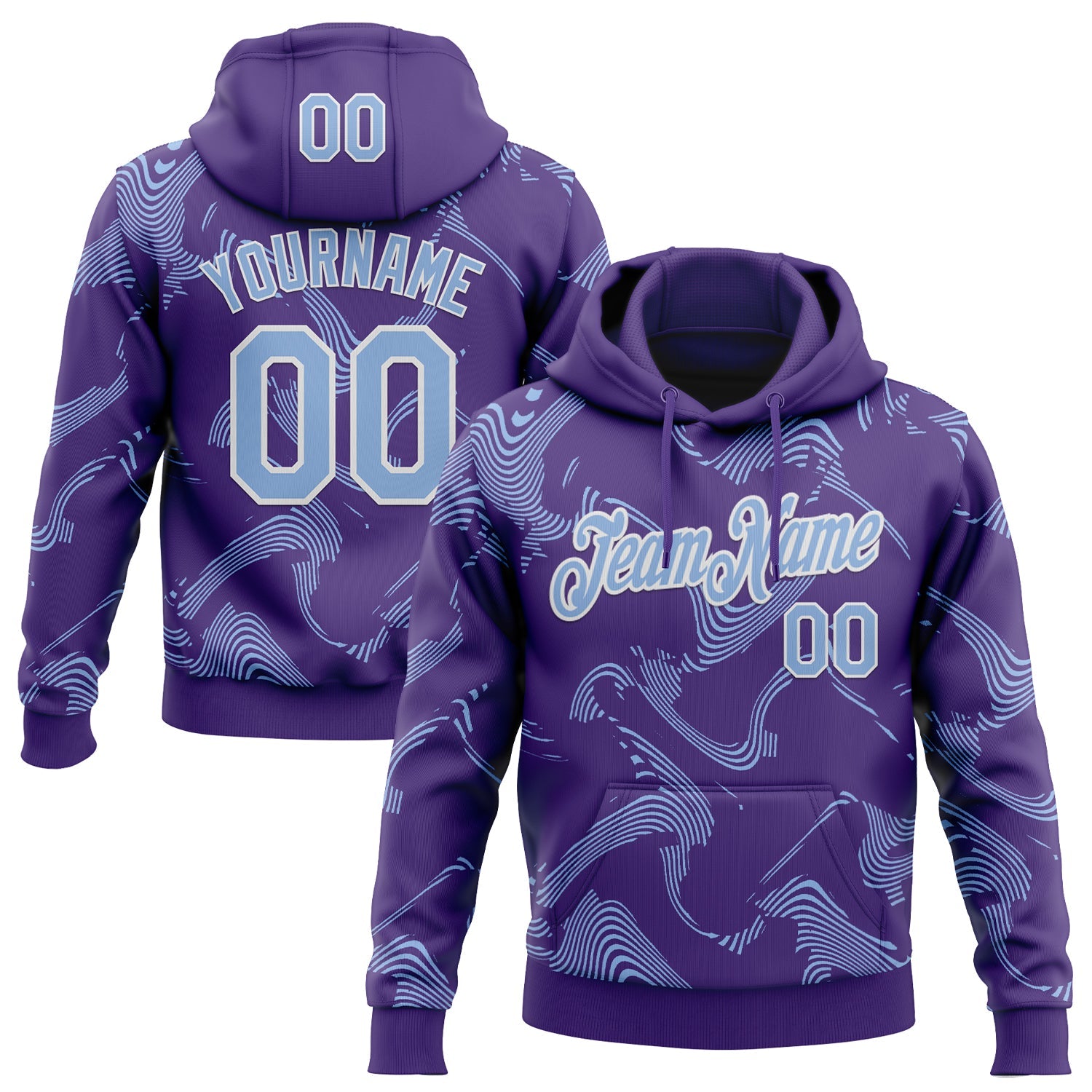 Custom Stitched Purple Light Blue-White 3D Pattern Design Curve Lines Sports Pullover Sweatshirt Hoodie