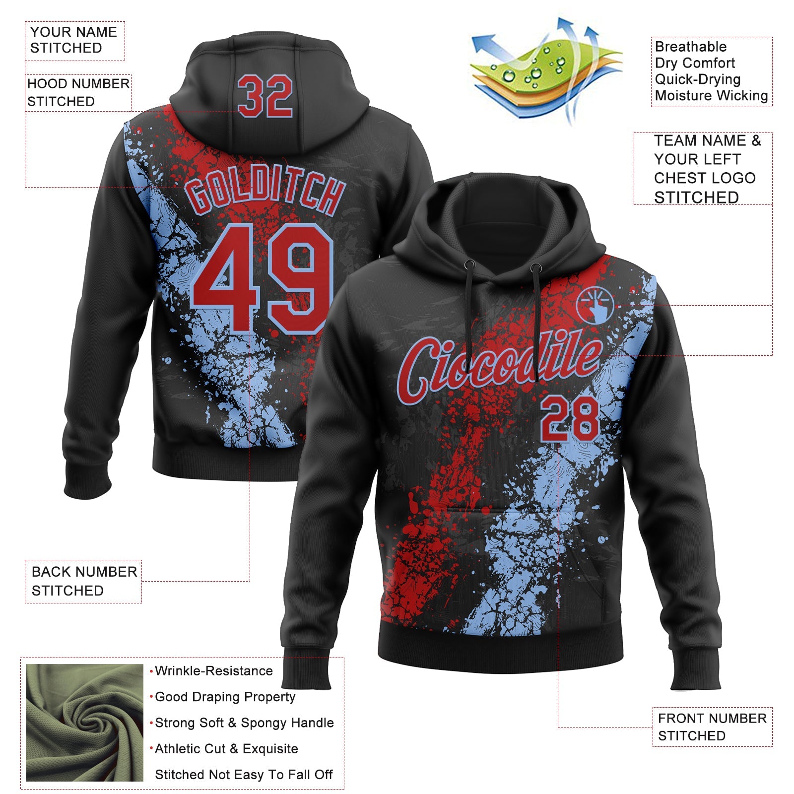 Custom Stitched Black Red-White 3D Pattern Design Splash Sports Pullover Sweatshirt Hoodie