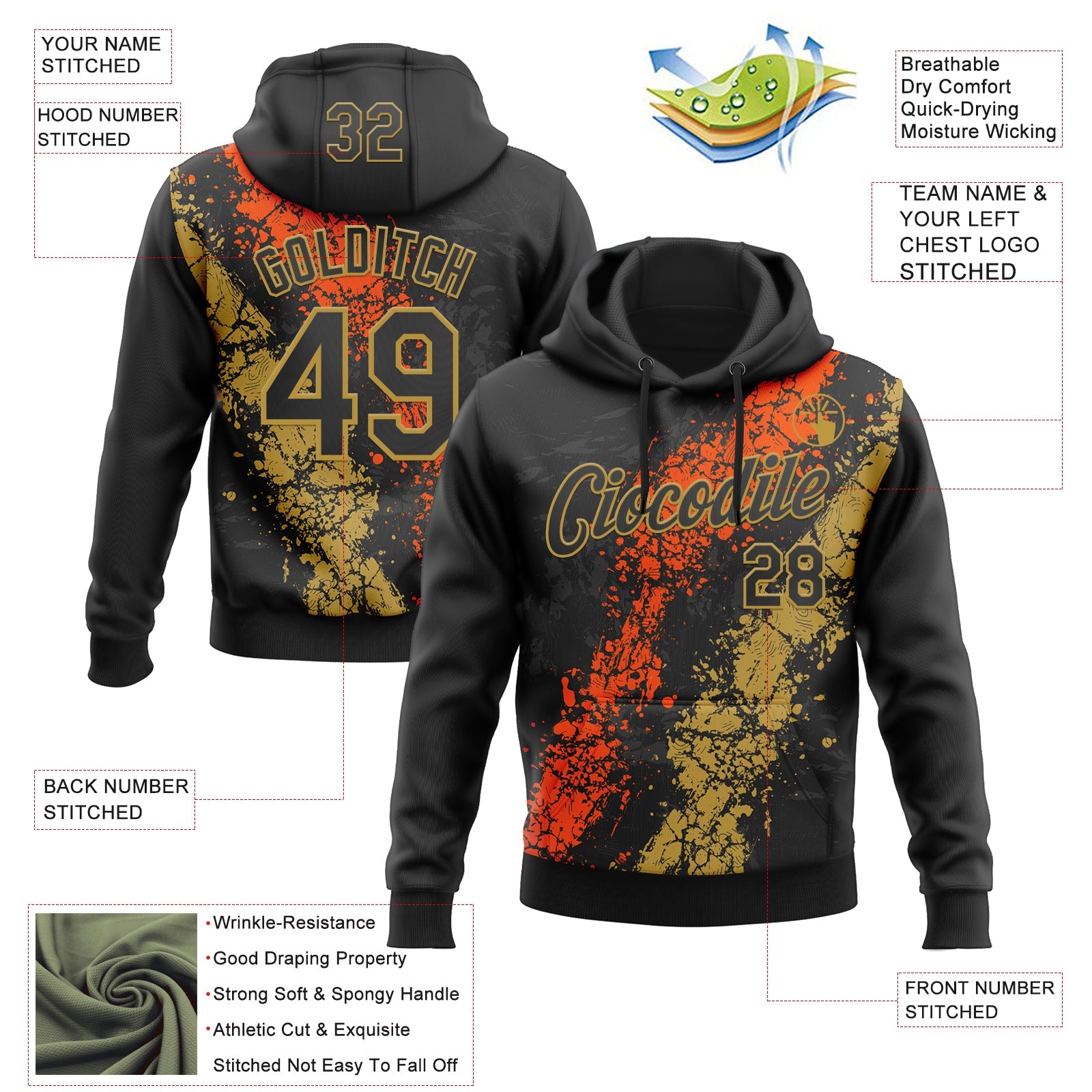 Custom Stitched Black Orange-Old Gold 3D Pattern Design Splash Sports Pullover Sweatshirt Hoodie