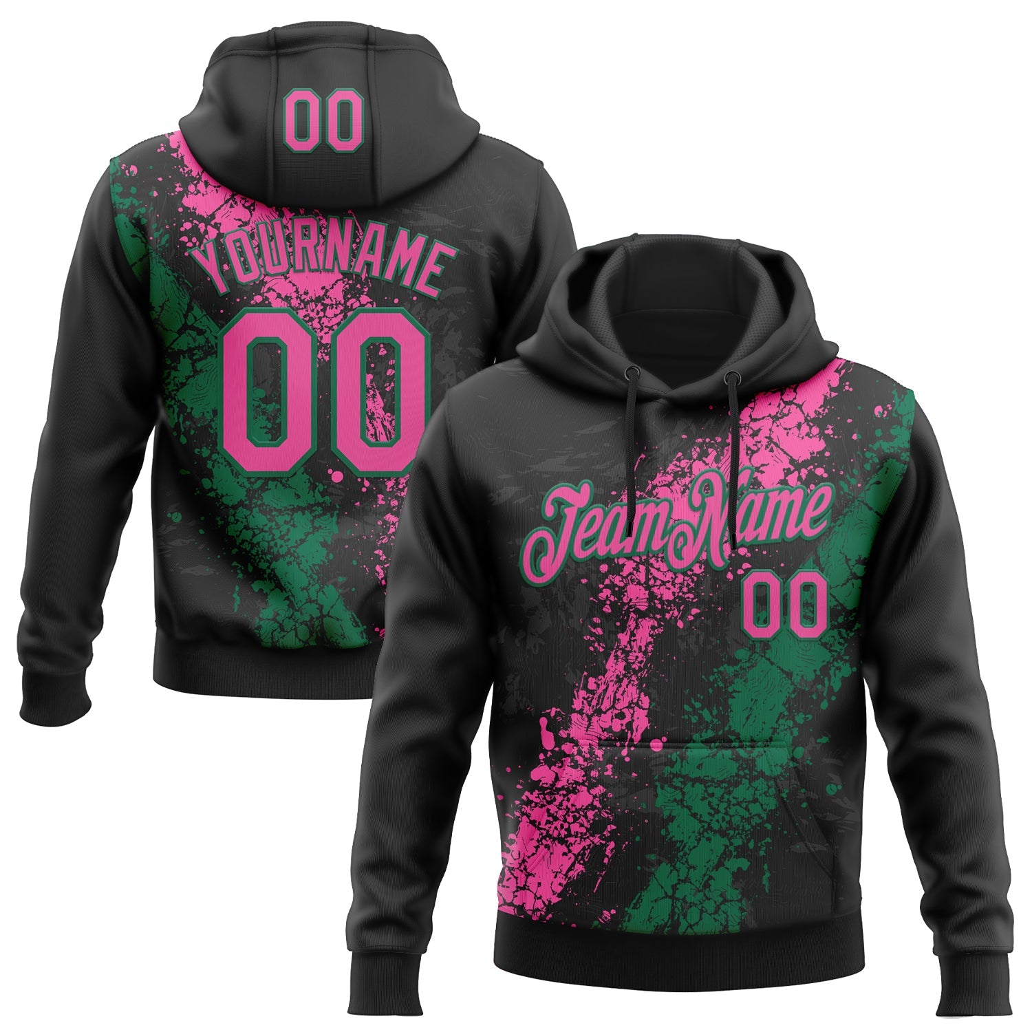 Custom Stitched Black Pink-Kelly Green 3D Pattern Design Splash Sports Pullover Sweatshirt Hoodie
