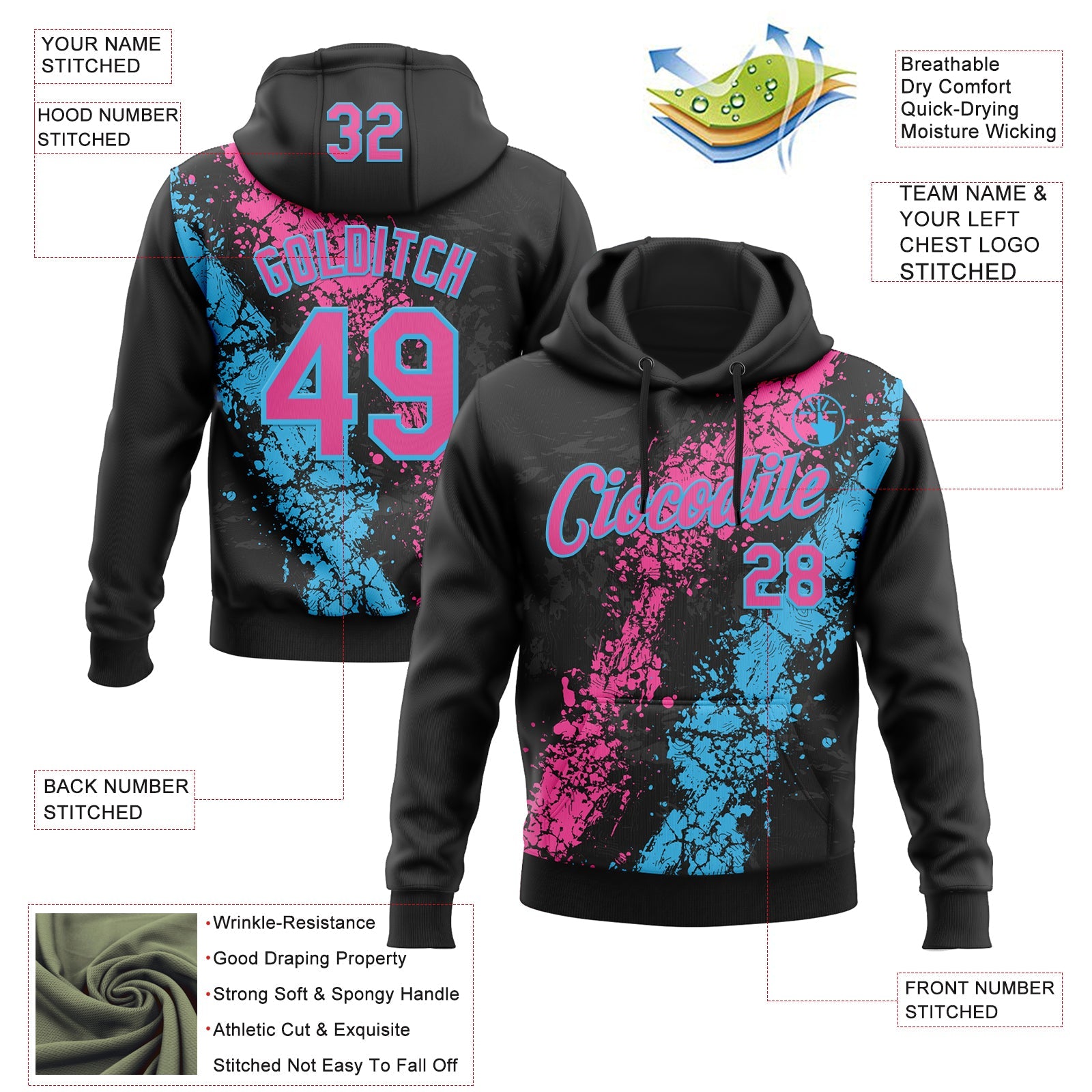 Custom Stitched Black Pink-Sky Blue 3D Pattern Design Splash Sports Pullover Sweatshirt Hoodie