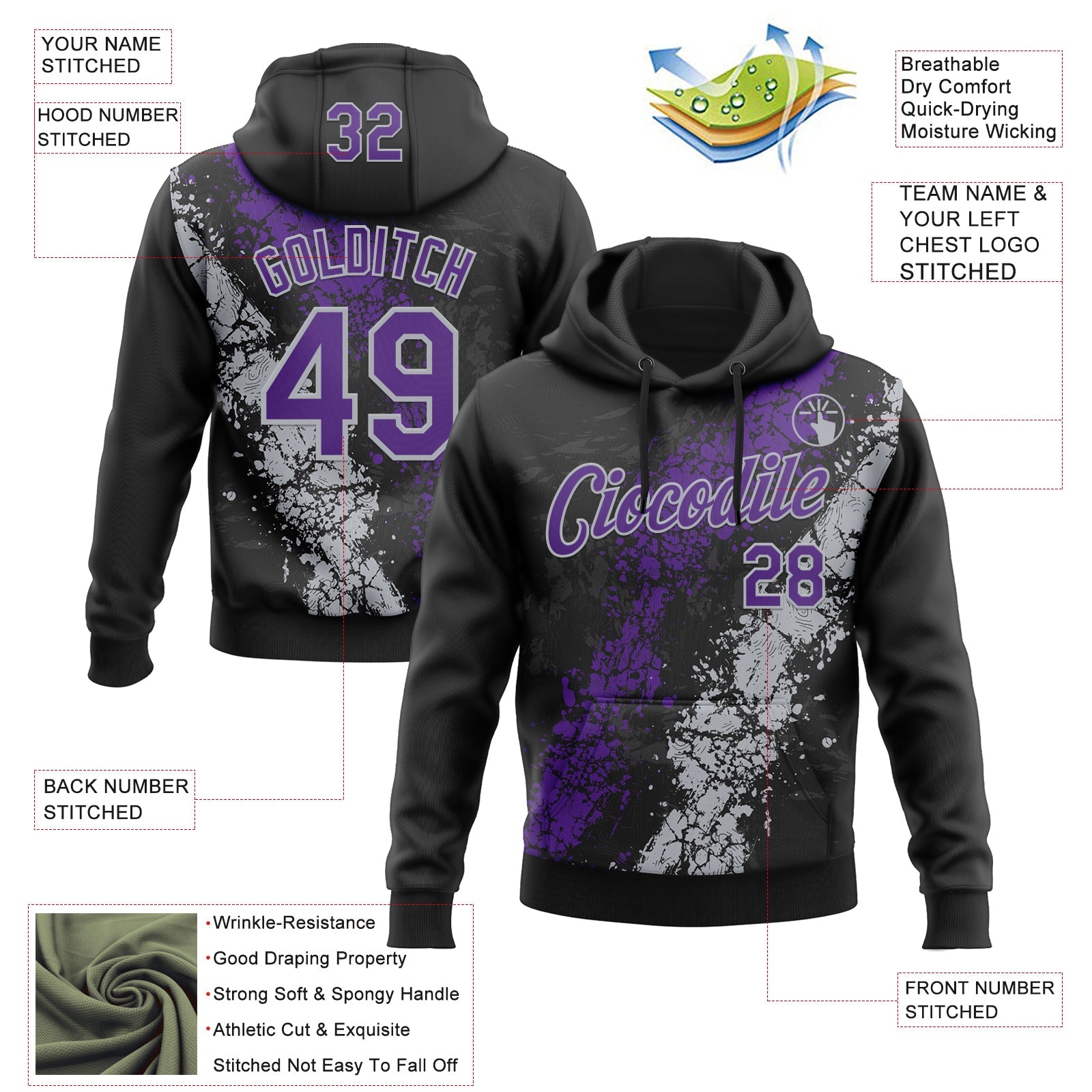 Custom Stitched Black Purple-Gray 3D Pattern Design Splash Sports Pullover Sweatshirt Hoodie