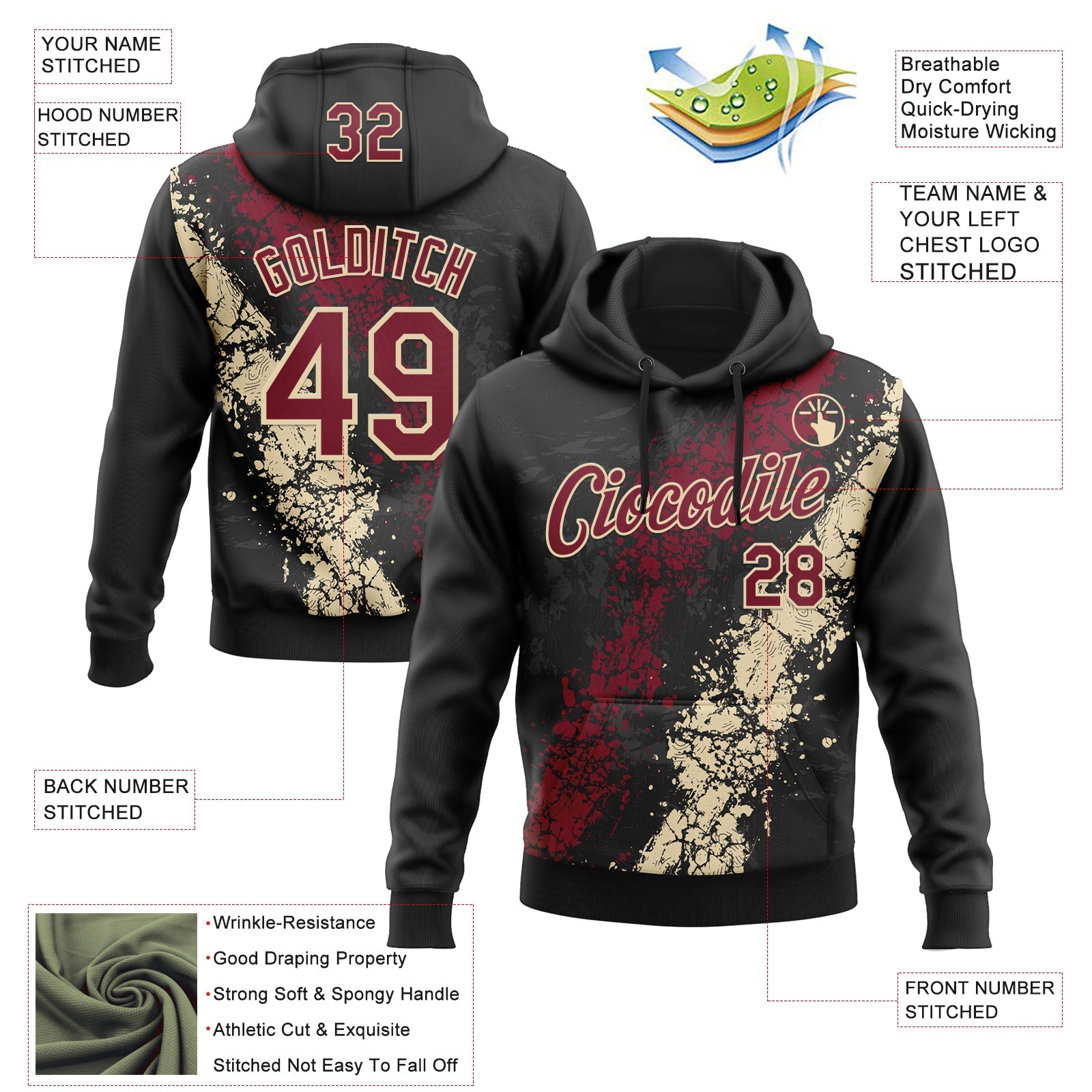 Custom Stitched Black Crimson-Cream 3D Pattern Design Splash Sports Pullover Sweatshirt Hoodie