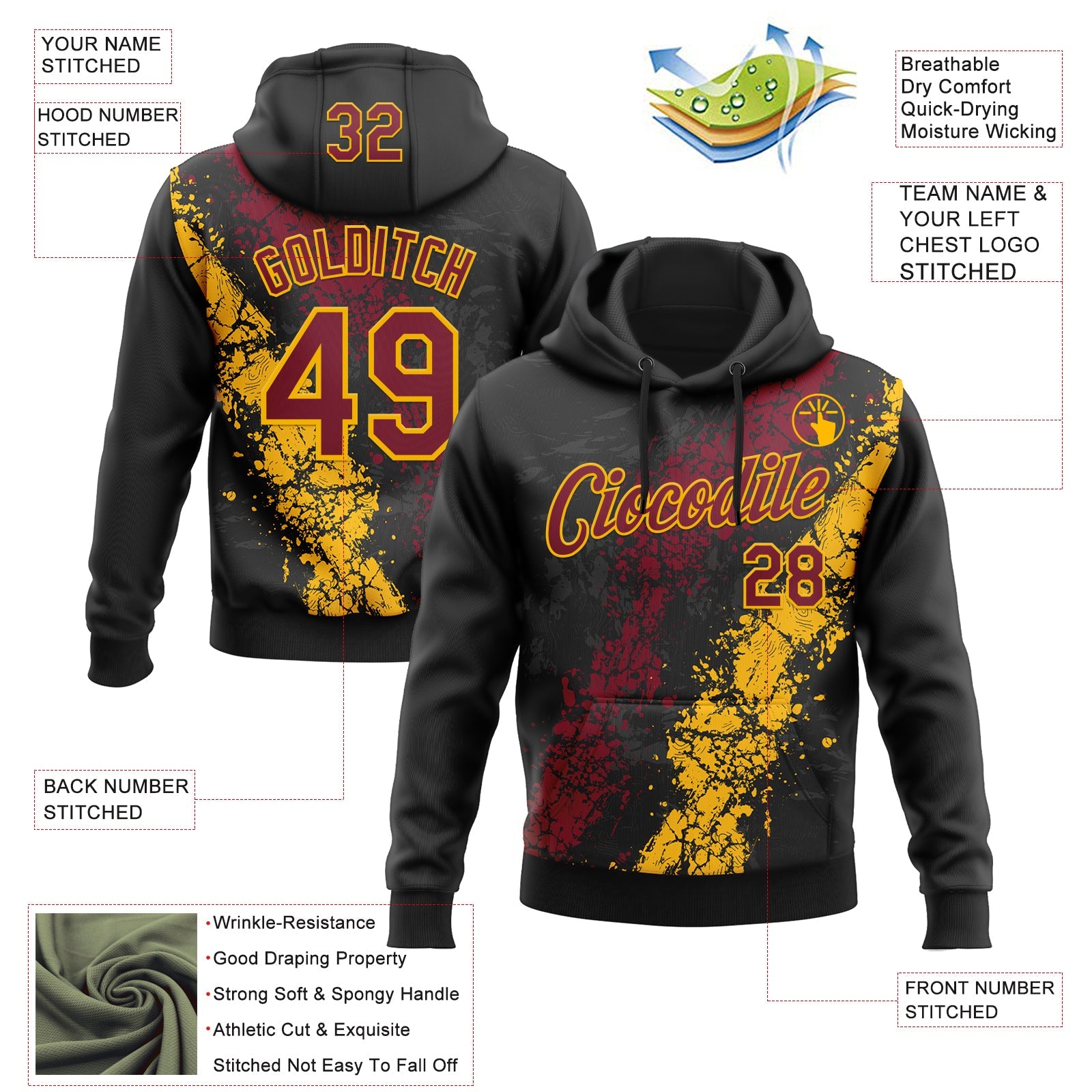 Custom Stitched Black Crimson-Gold 3D Pattern Design Splash Sports Pullover Sweatshirt Hoodie