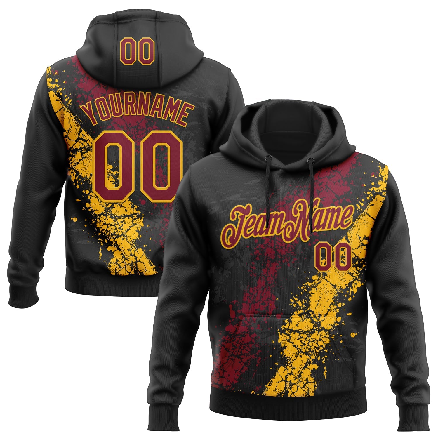 Custom Stitched Black Crimson-Gold 3D Pattern Design Splash Sports Pullover Sweatshirt Hoodie