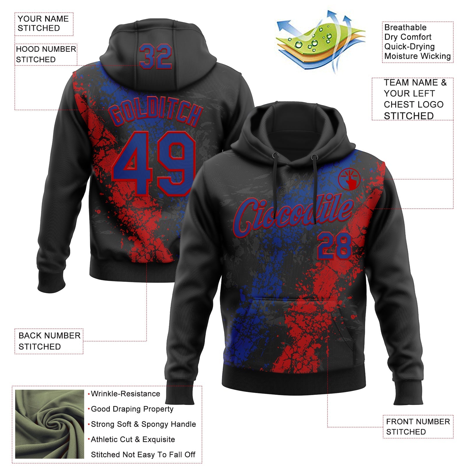 Custom Stitched Black Royal-Red 3D Pattern Design Splash Sports Pullover Sweatshirt Hoodie