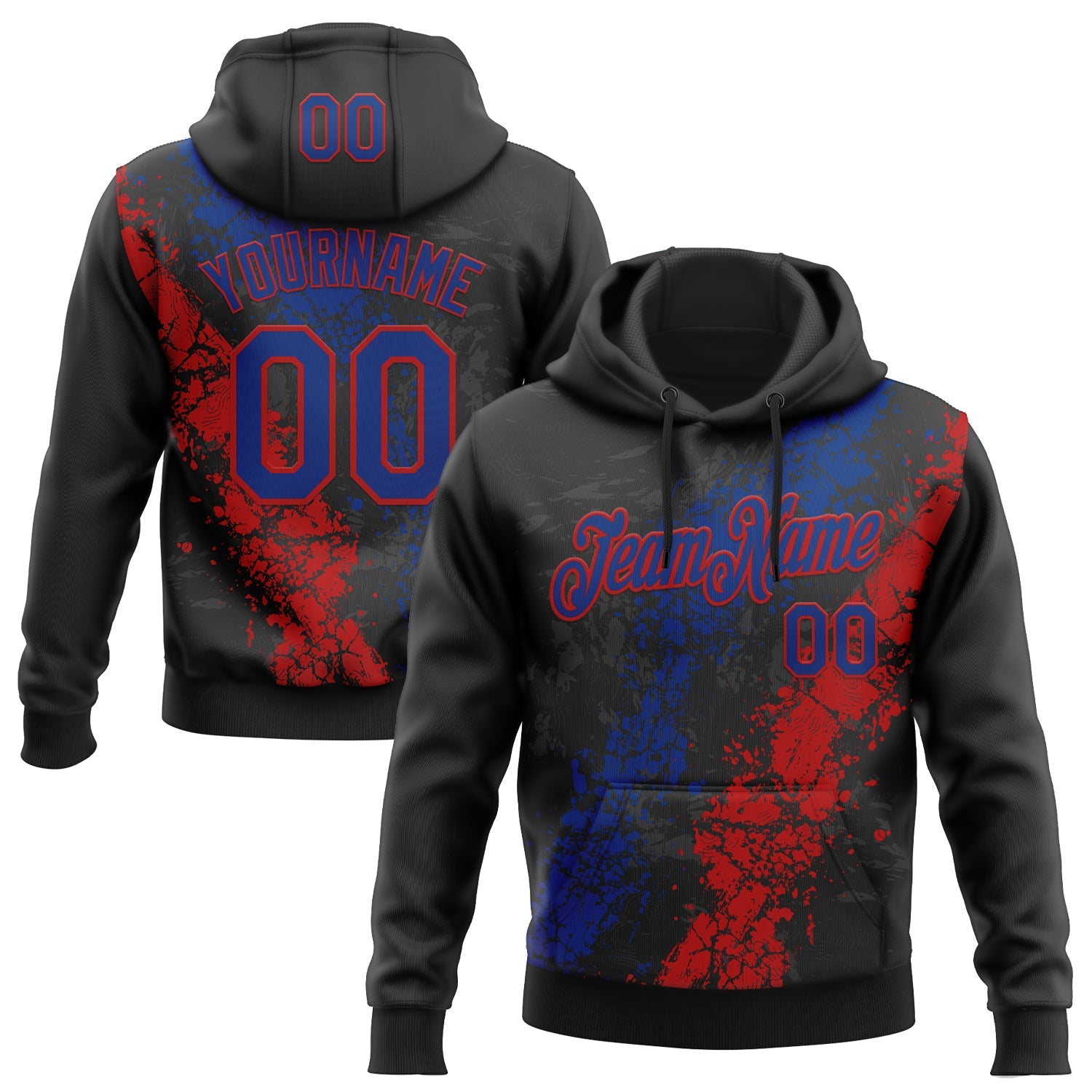 Custom Stitched Black Royal-Red 3D Pattern Design Splash Sports Pullover Sweatshirt Hoodie