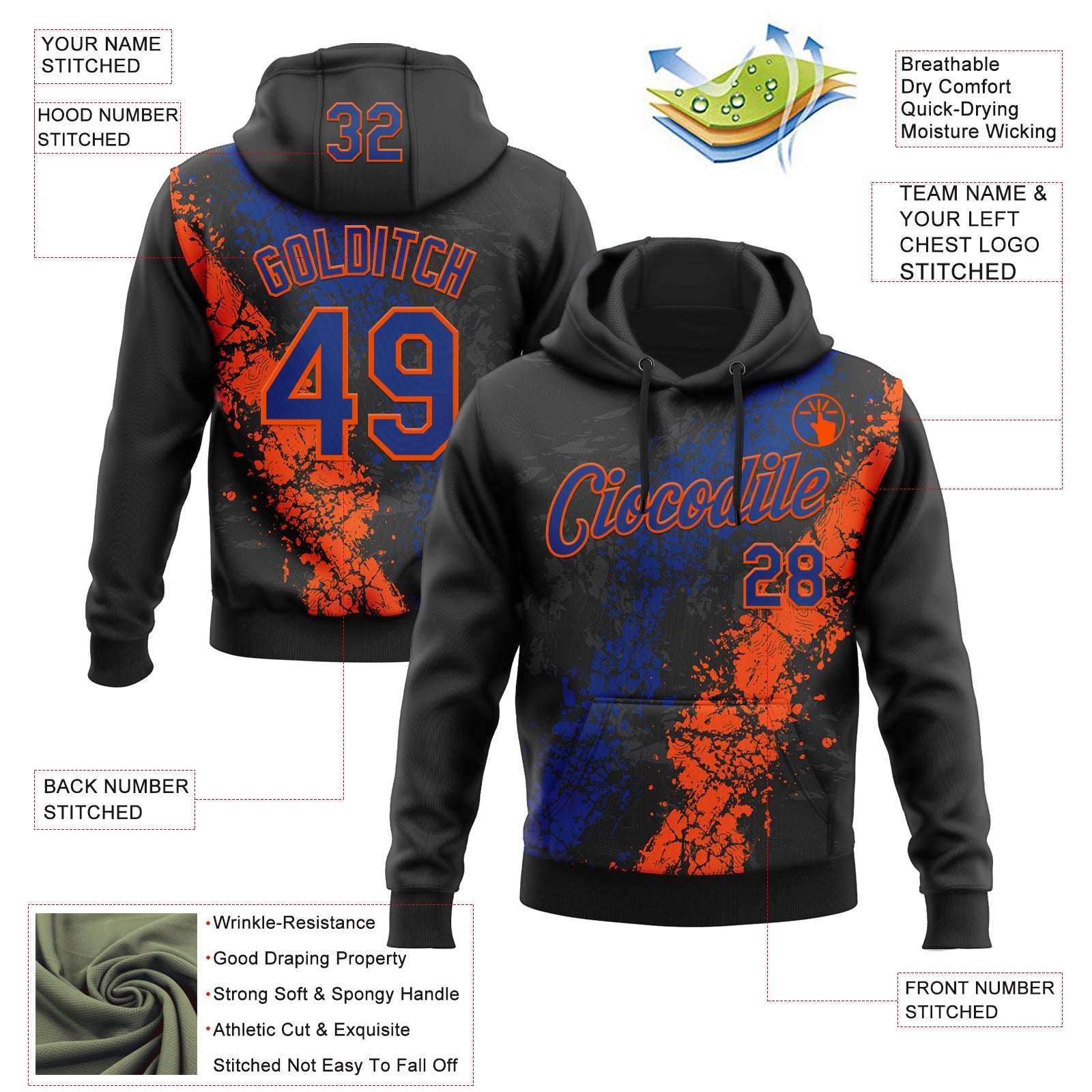 Custom Stitched Black Royal-Orange 3D Pattern Design Splash Sports Pullover Sweatshirt Hoodie