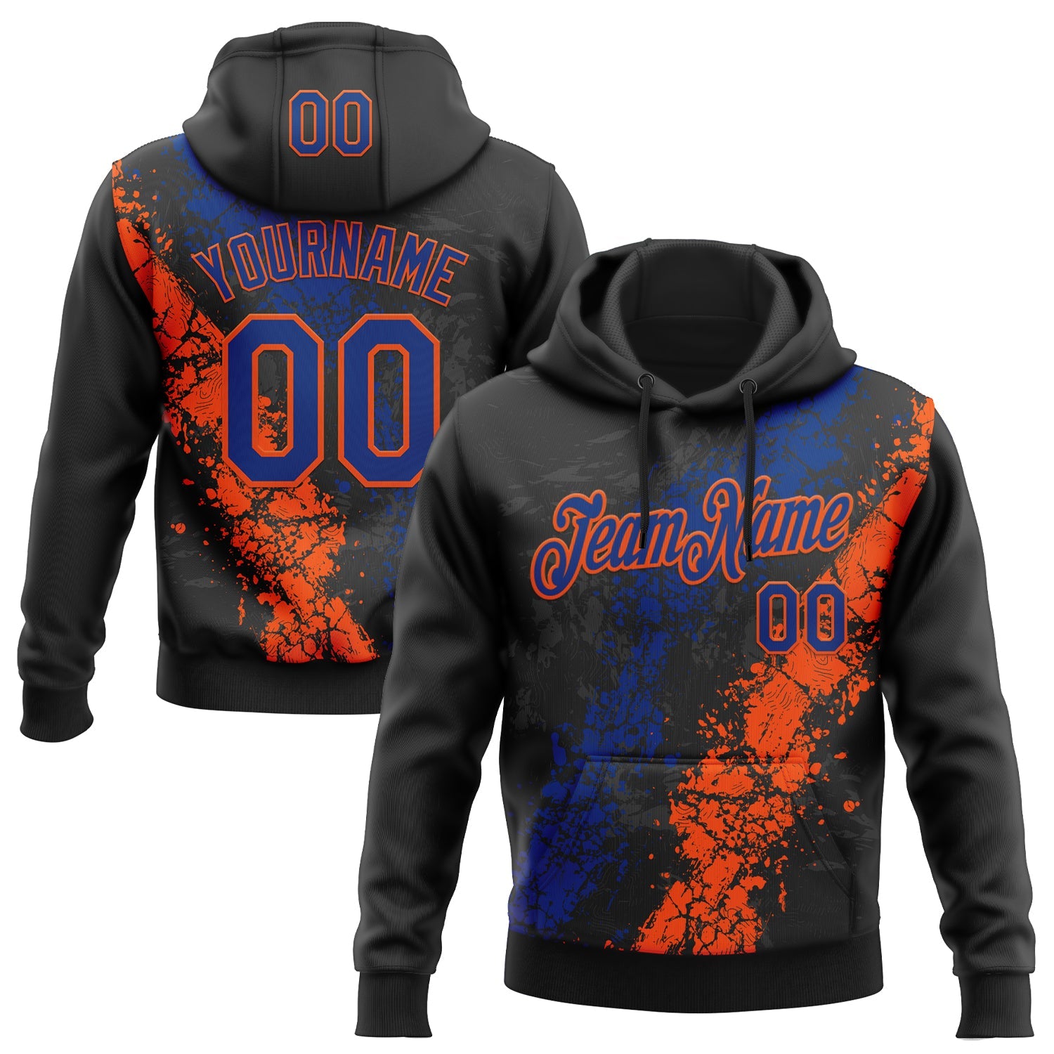 Custom Stitched Black Royal-Orange 3D Pattern Design Splash Sports Pullover Sweatshirt Hoodie
