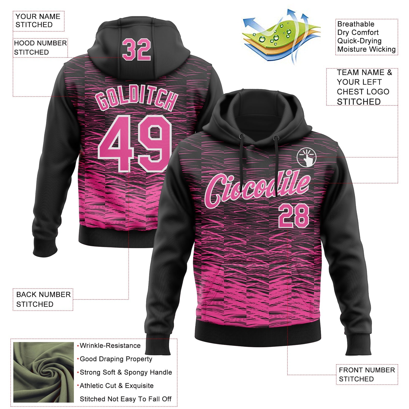 Custom Stitched Black Pink-White 3D Pattern Design Line Sports Pullover Sweatshirt Hoodie