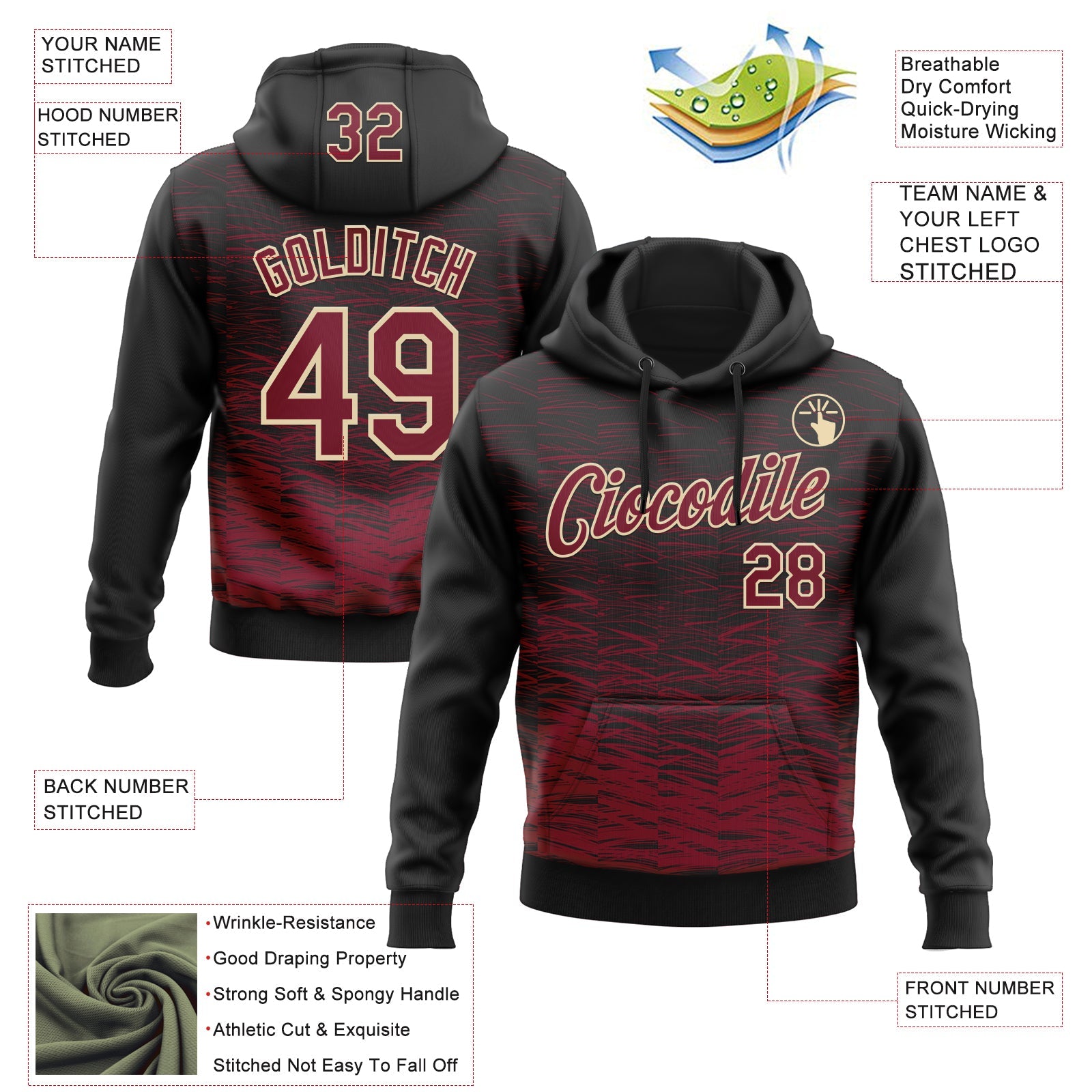 Custom Stitched Black Crimson-Cream 3D Pattern Design Line Sports Pullover Sweatshirt Hoodie