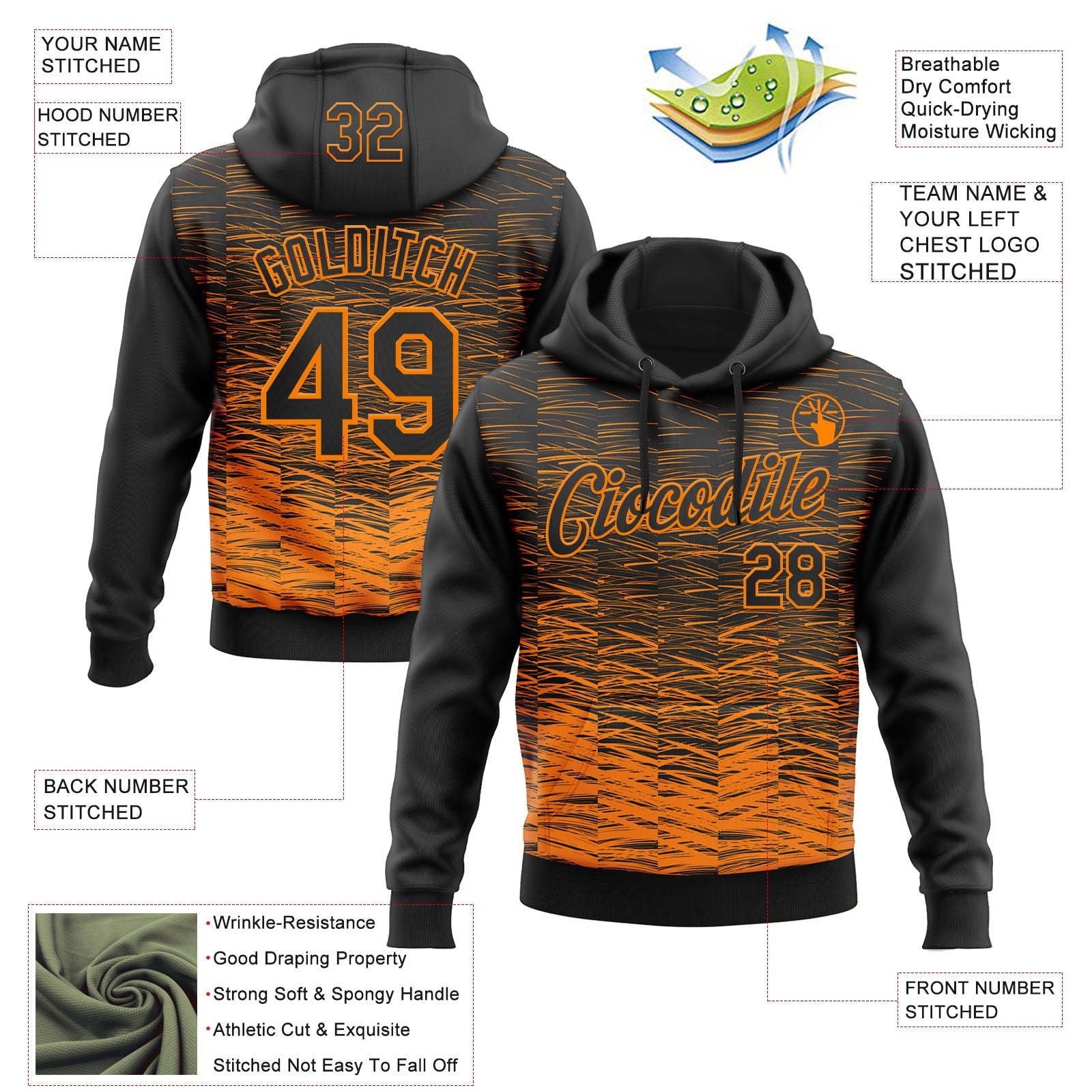 Custom Stitched Black Bay Orange 3D Pattern Design Line Sports Pullover Sweatshirt Hoodie