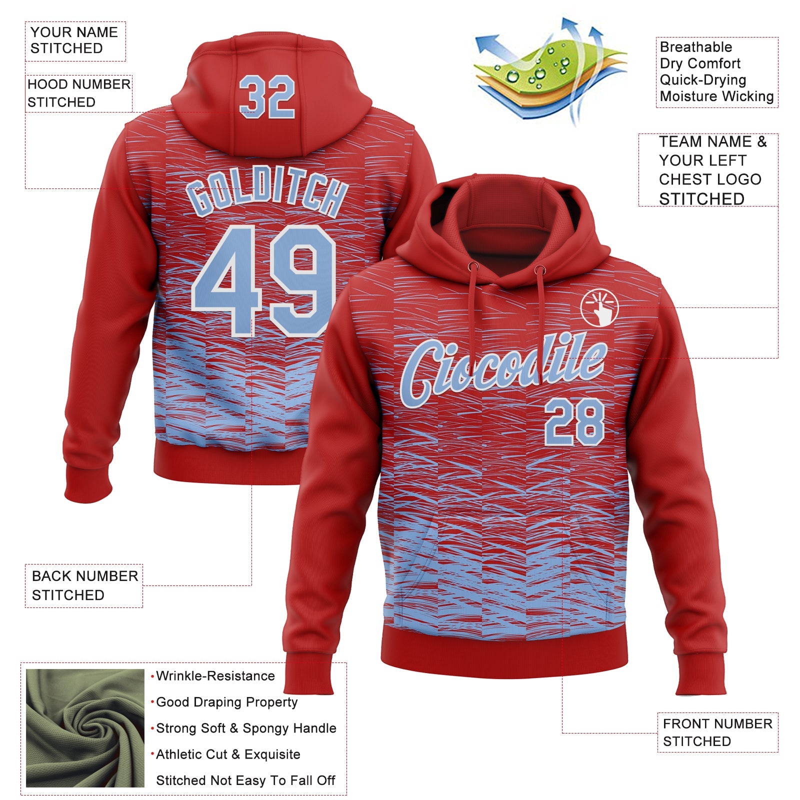 Custom Stitched Red Light Blue-White 3D Pattern Design Line Sports Pullover Sweatshirt Hoodie