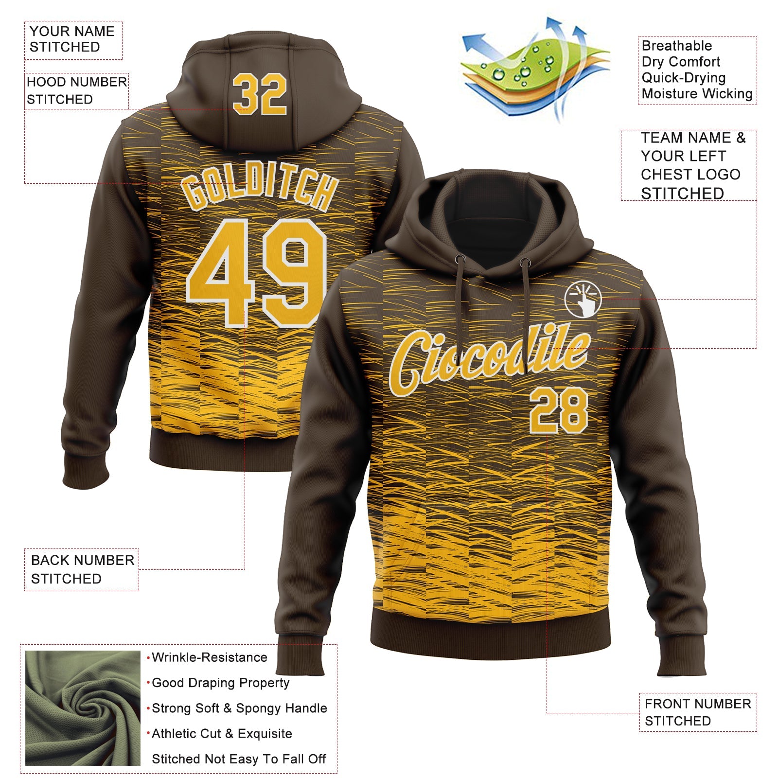 Custom Stitched Brown Gold-White 3D Pattern Design Line Sports Pullover Sweatshirt Hoodie