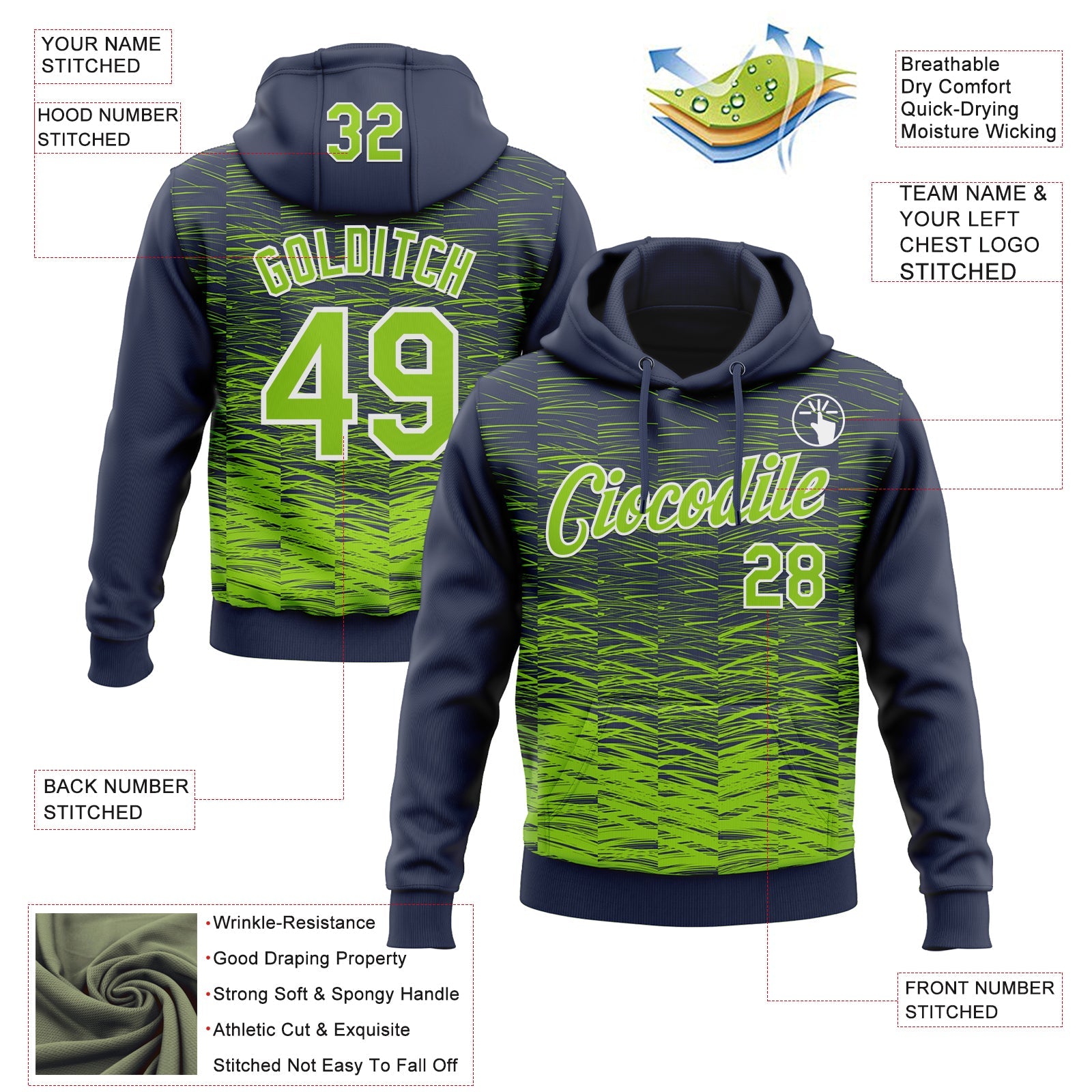 Custom Stitched Navy Neon Green-White 3D Pattern Design Line Sports Pullover Sweatshirt Hoodie