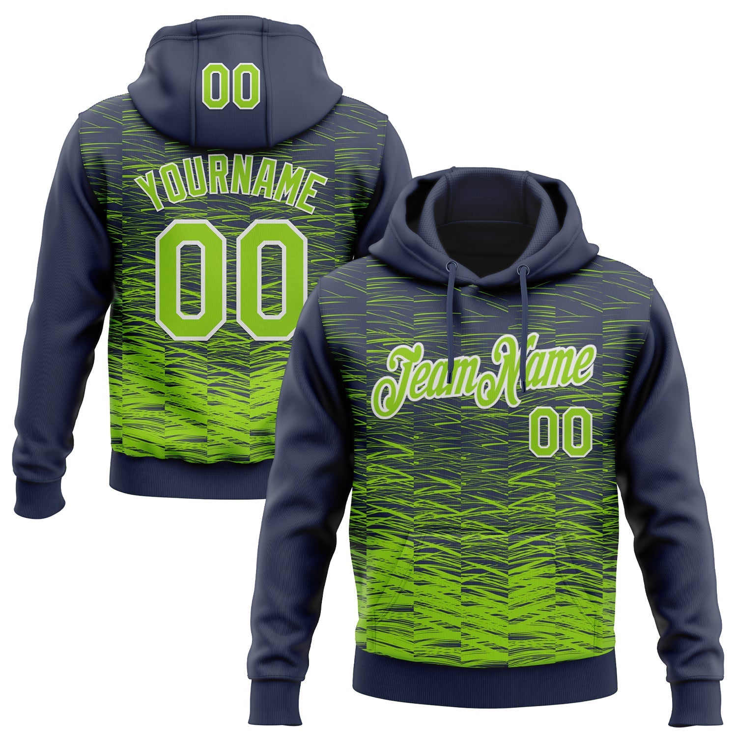Custom Stitched Navy Neon Green-White 3D Pattern Design Line Sports Pullover Sweatshirt Hoodie