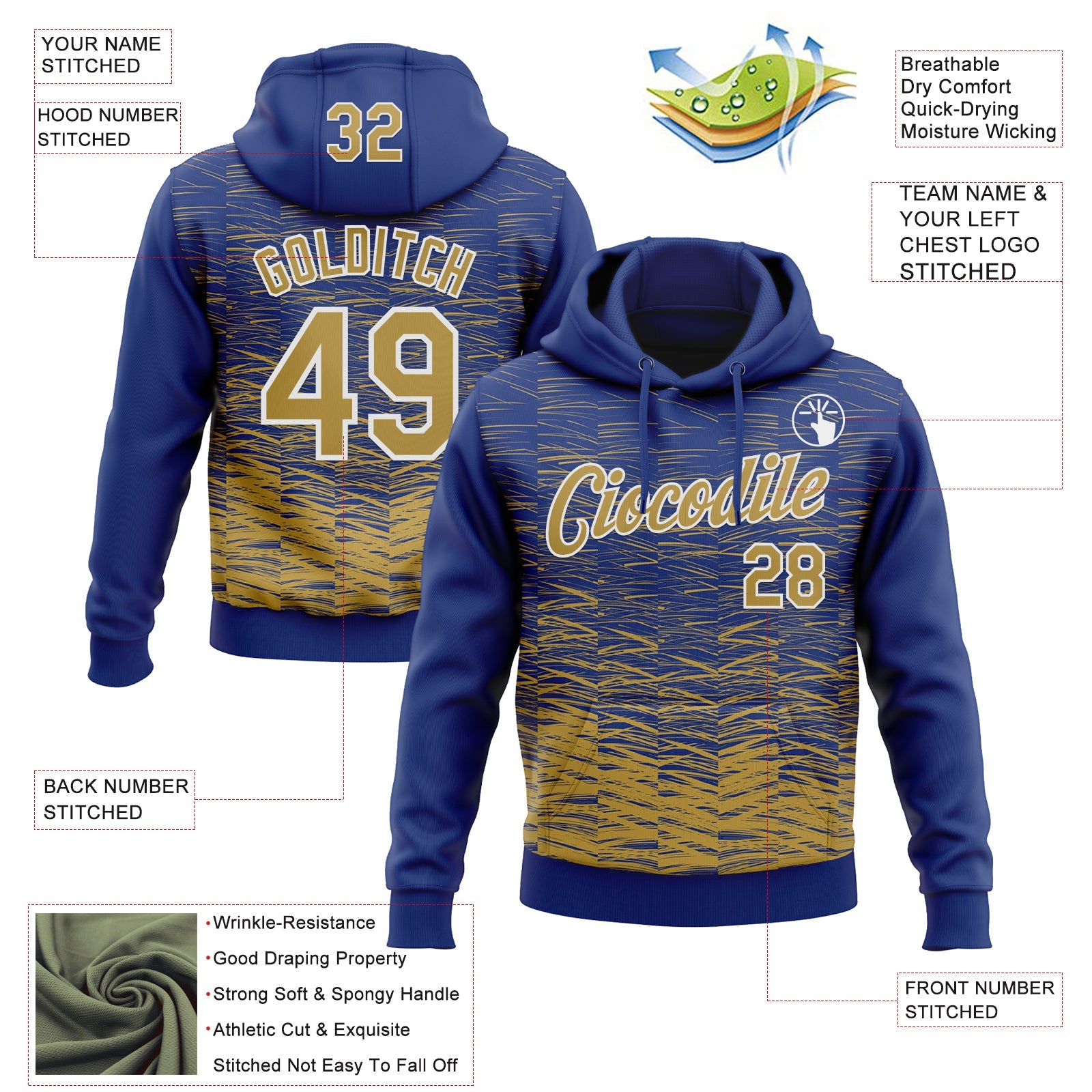Custom Stitched Royal Old Gold-White 3D Pattern Design Line Sports Pullover Sweatshirt Hoodie