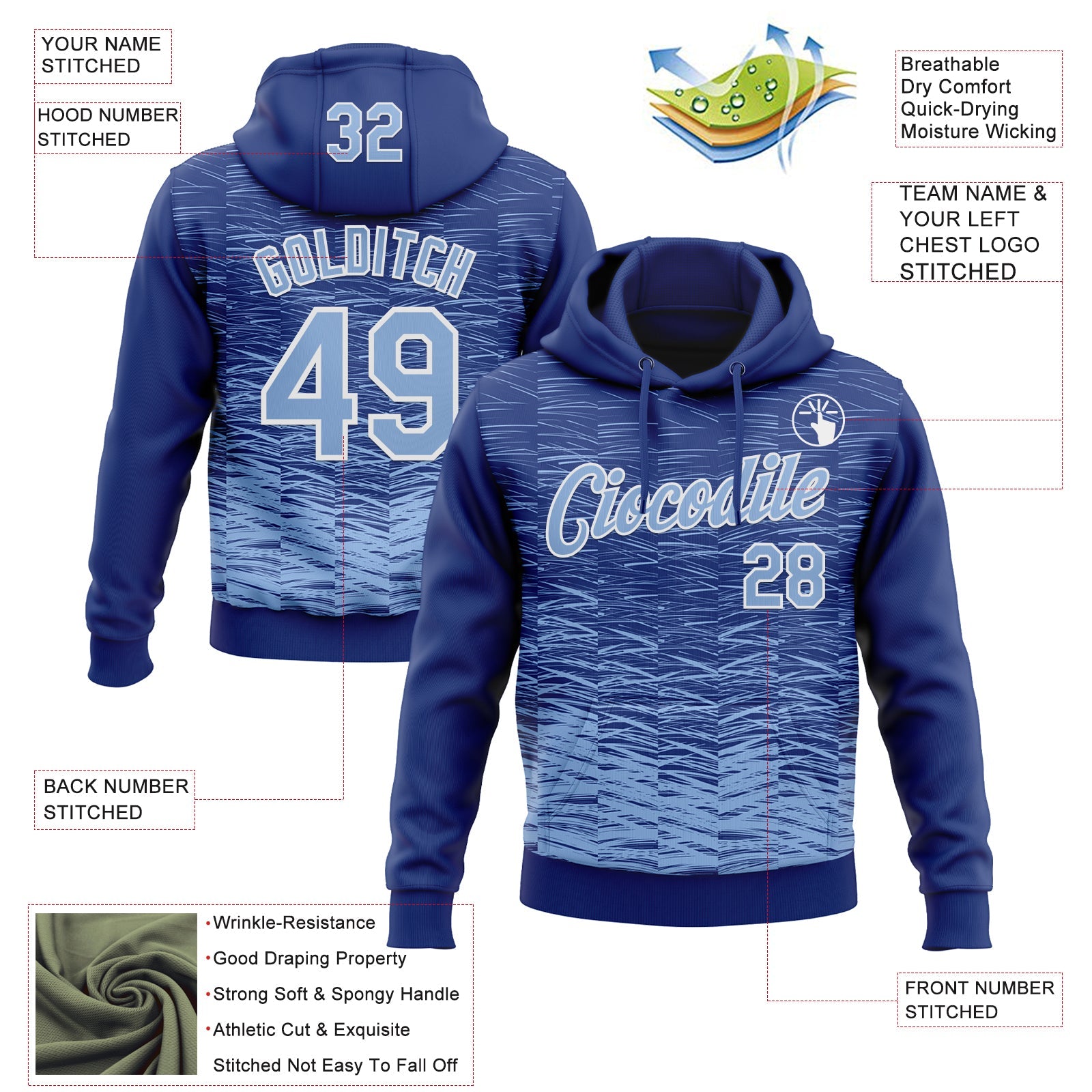 Custom Stitched Royal Light Blue-White 3D Pattern Design Line Sports Pullover Sweatshirt Hoodie