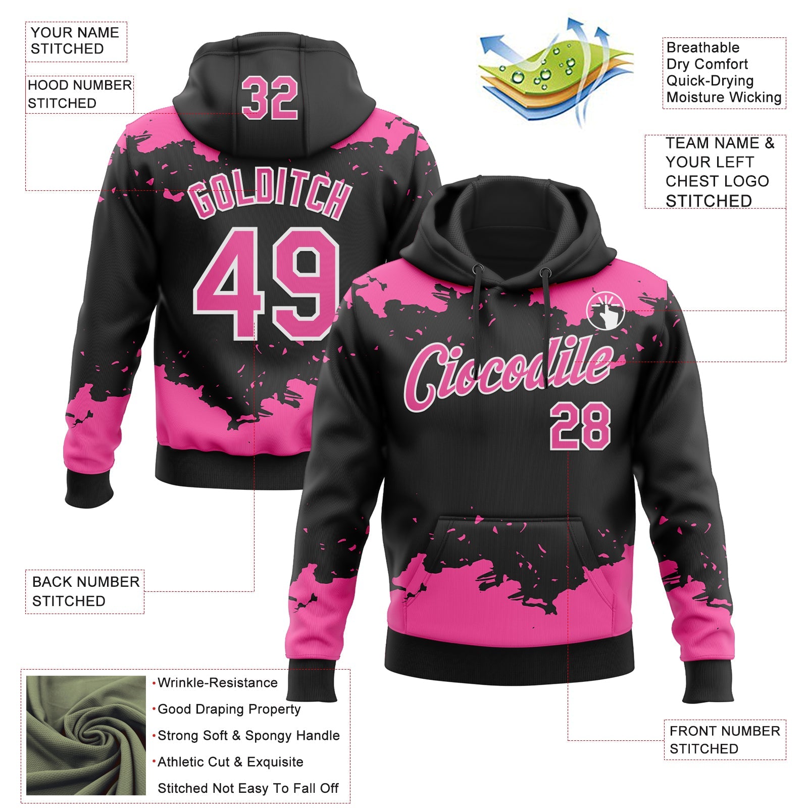 Custom Stitched Black Pink-White 3D Pattern Design Fragment Sports Pullover Sweatshirt Hoodie