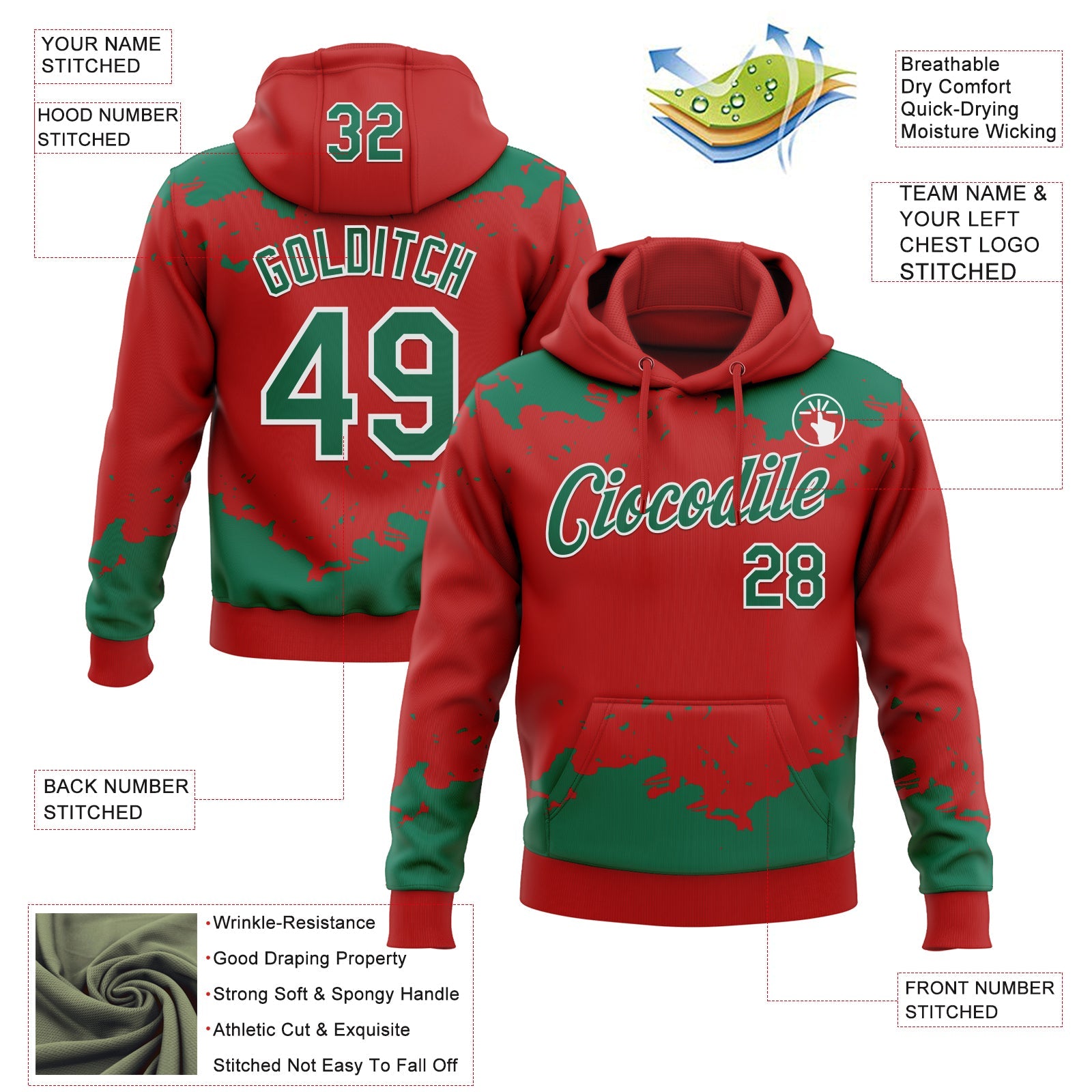 Custom Stitched Red Kelly Green-White 3D Pattern Design Fragment Sports Pullover Sweatshirt Hoodie