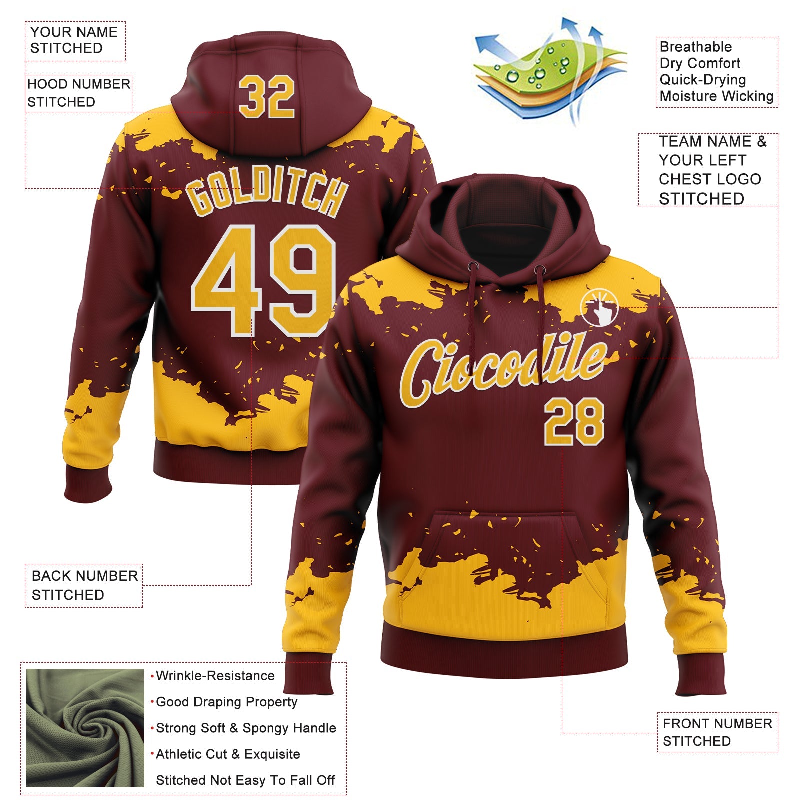 Custom Stitched Burgundy Gold-White 3D Pattern Design Fragment Sports Pullover Sweatshirt Hoodie