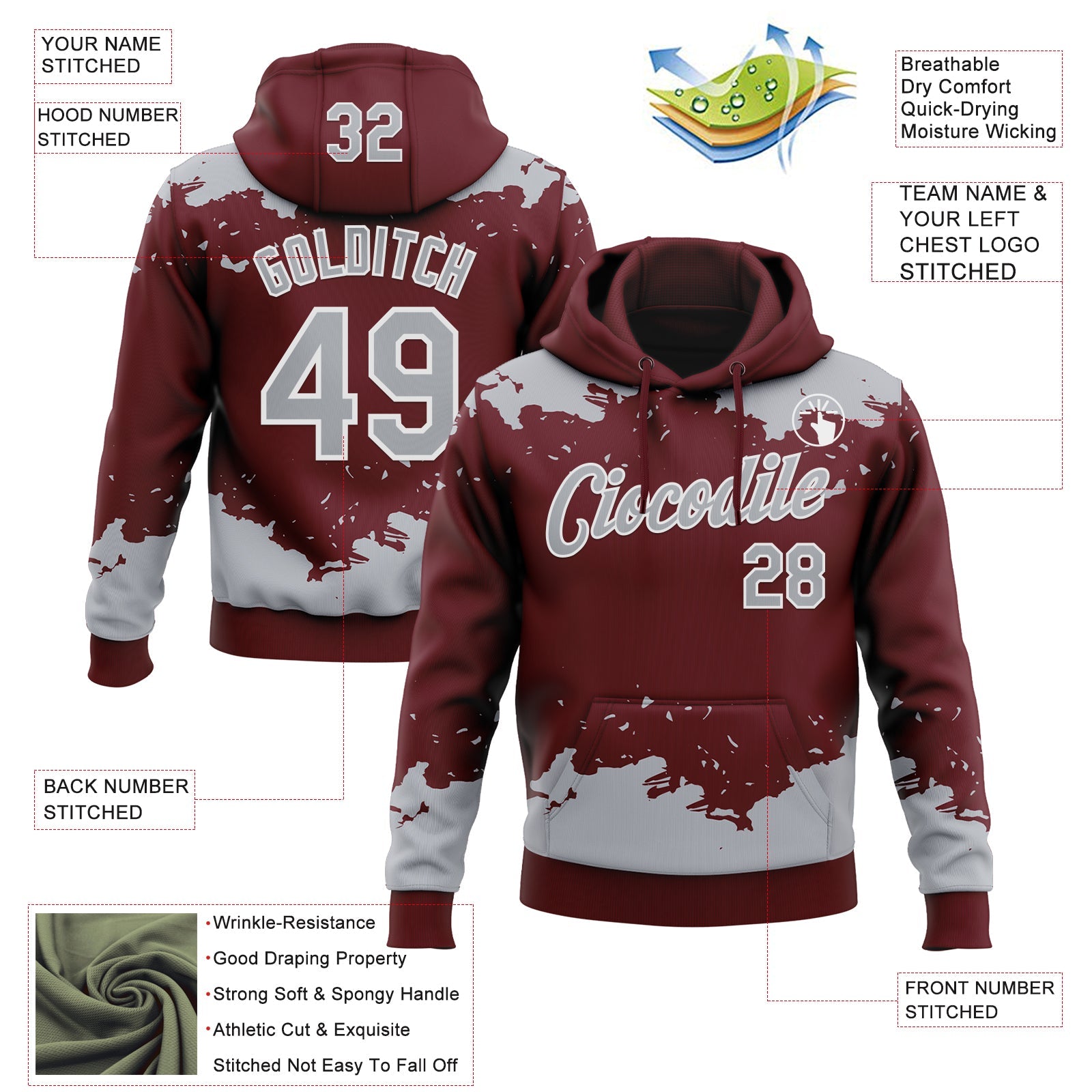 Custom Stitched Burgundy Gray-White 3D Pattern Design Fragment Sports Pullover Sweatshirt Hoodie
