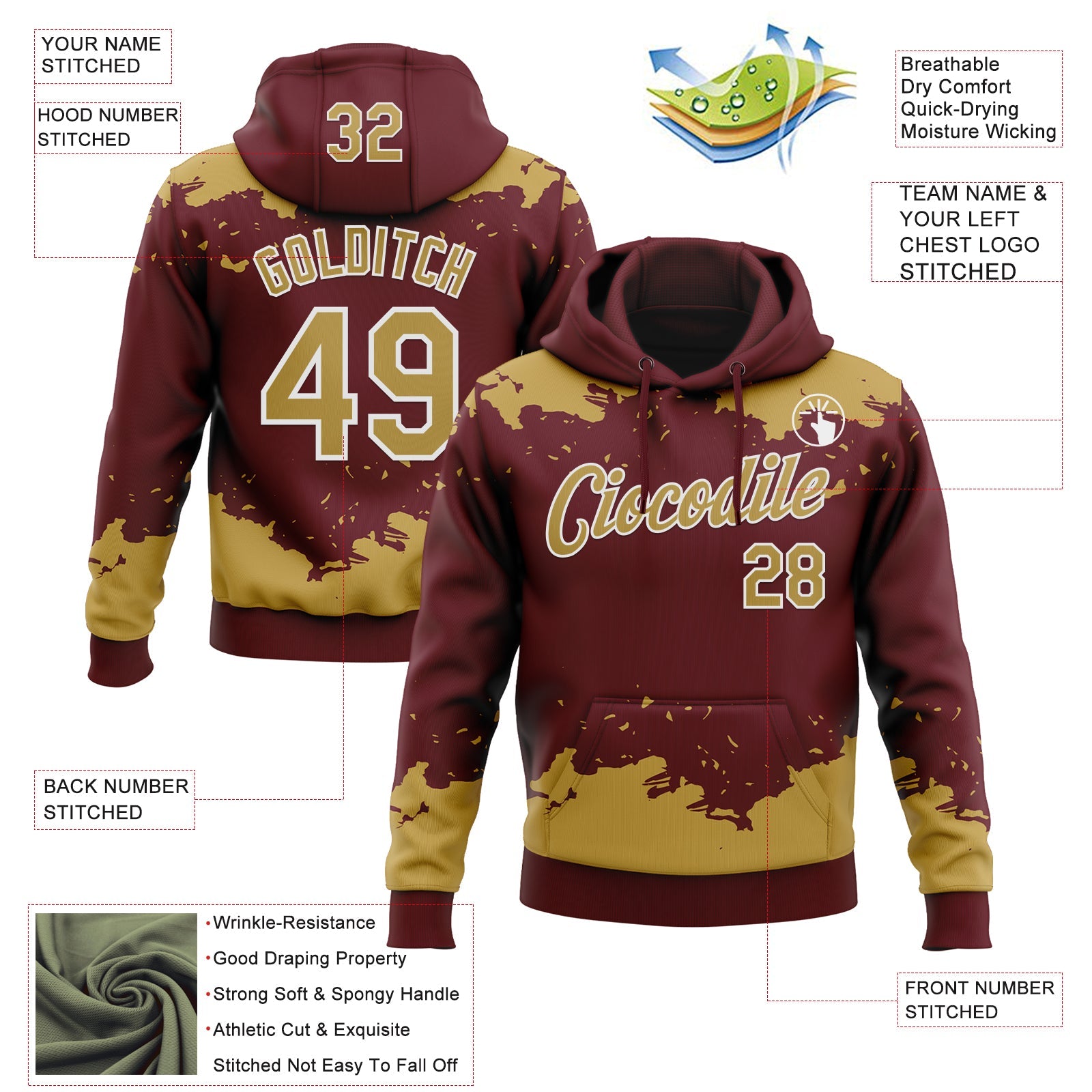 Custom Stitched Burgundy Old Gold-White 3D Pattern Design Fragment Sports Pullover Sweatshirt Hoodie