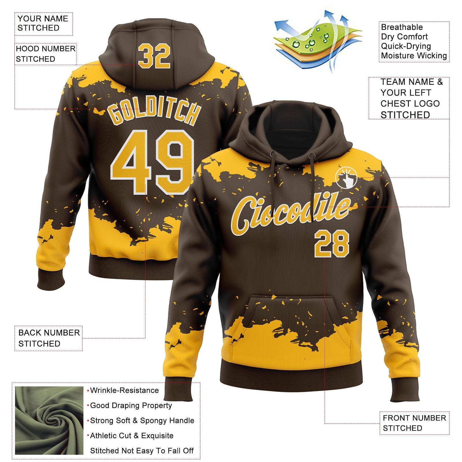 Custom Stitched Brown Gold-White 3D Pattern Design Fragment Sports Pullover Sweatshirt Hoodie