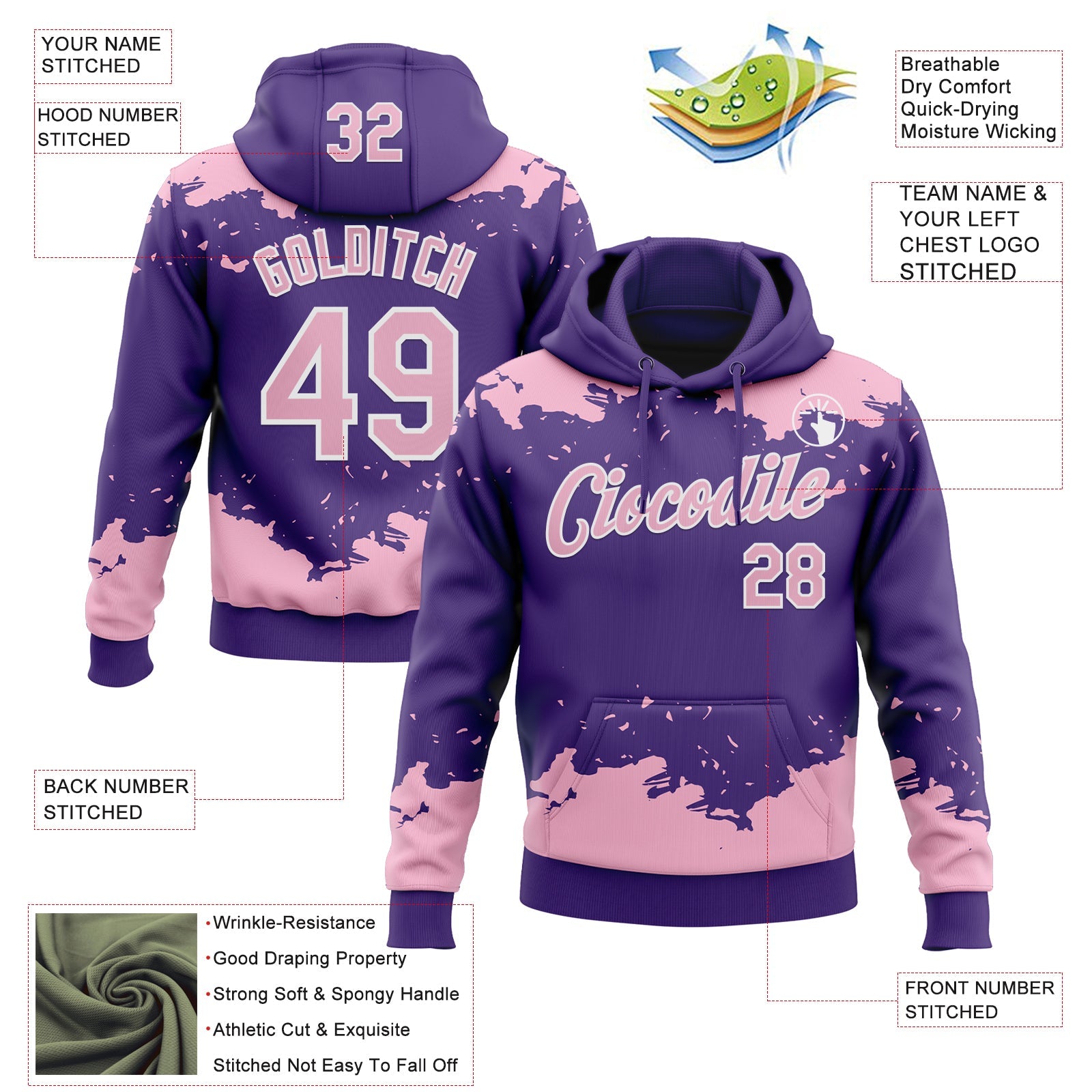 Custom Stitched Purple Light Pink-White 3D Pattern Design Fragment Sports Pullover Sweatshirt Hoodie