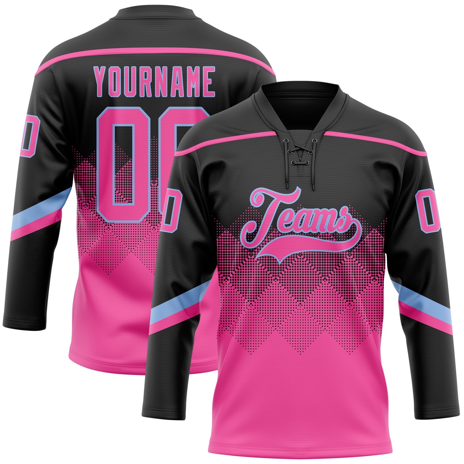 Custom Black Pink-Light Blue 3D Pattern Gradient Square Shapes Hockey Lace Neck Jersey