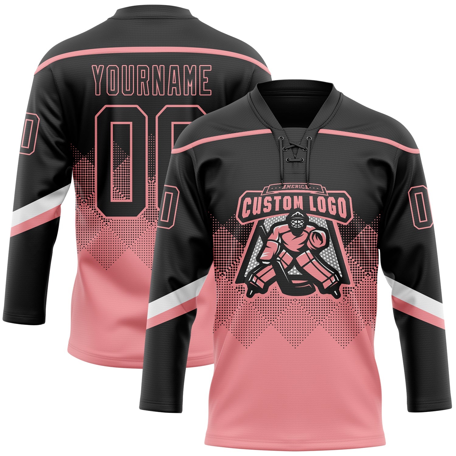 Custom Black Medium Pink-White 3D Pattern Gradient Square Shapes Hockey Lace Neck Jersey
