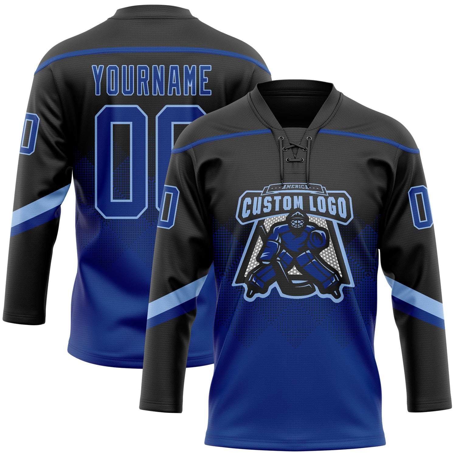Custom Black Royal-Light Blue 3D Pattern Gradient Square Shapes Hockey Lace Neck Jersey