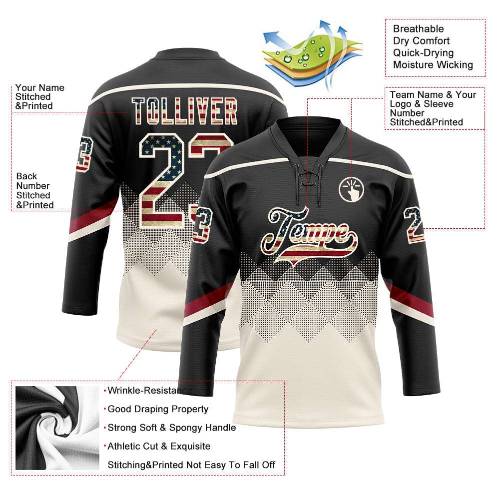 Custom Black Vintage USA Flag Cream-Crimson 3D Pattern Gradient Square Shapes Hockey Lace Neck Jersey