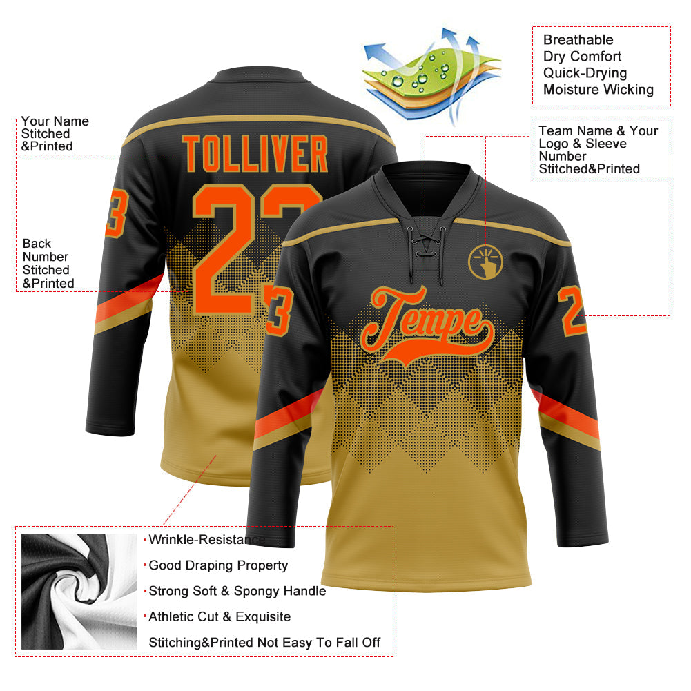 Custom Black Orange-Old Gold 3D Pattern Gradient Square Shapes Hockey Lace Neck Jersey