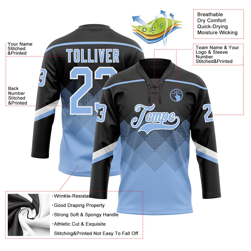 Custom Black Light Blue-White 3D Pattern Gradient Square Shapes Hockey Lace Neck Jersey